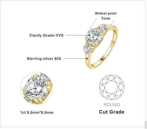 Miniatura 2 de JewelryPalace Classic 3 Stones Cubic Zirconia Engagement Rings for Women, 925 Sterling Silver 14K Gold Plated Promise Ring for Her, Round Cut