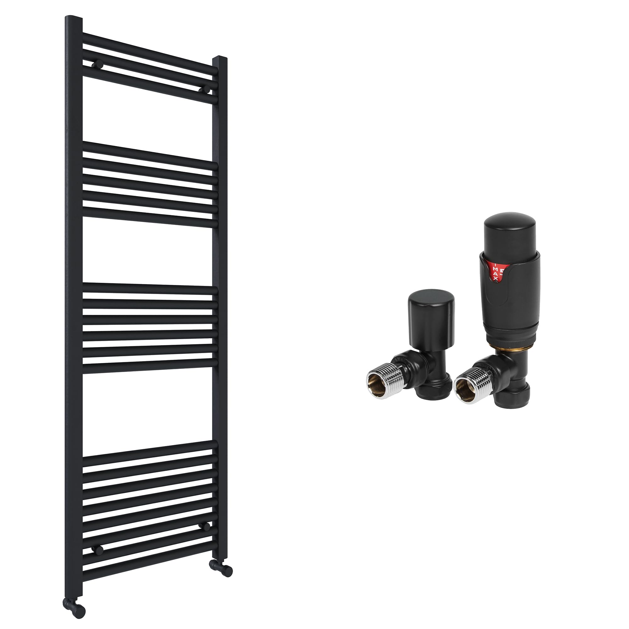 Matt Black Bathroom Straight Heated Towel Rail Radiator 500 x 1400 & Angled Thermostatic Valves