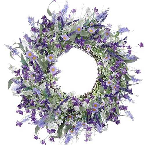 Llzll Spring Wreaths For Front Door, 22 Inch Violet Daisy Lavender Wildflower Artificial Floral Wreath For Home Wall Wedding Festival Farmhouse Holiday Decor #TOP4