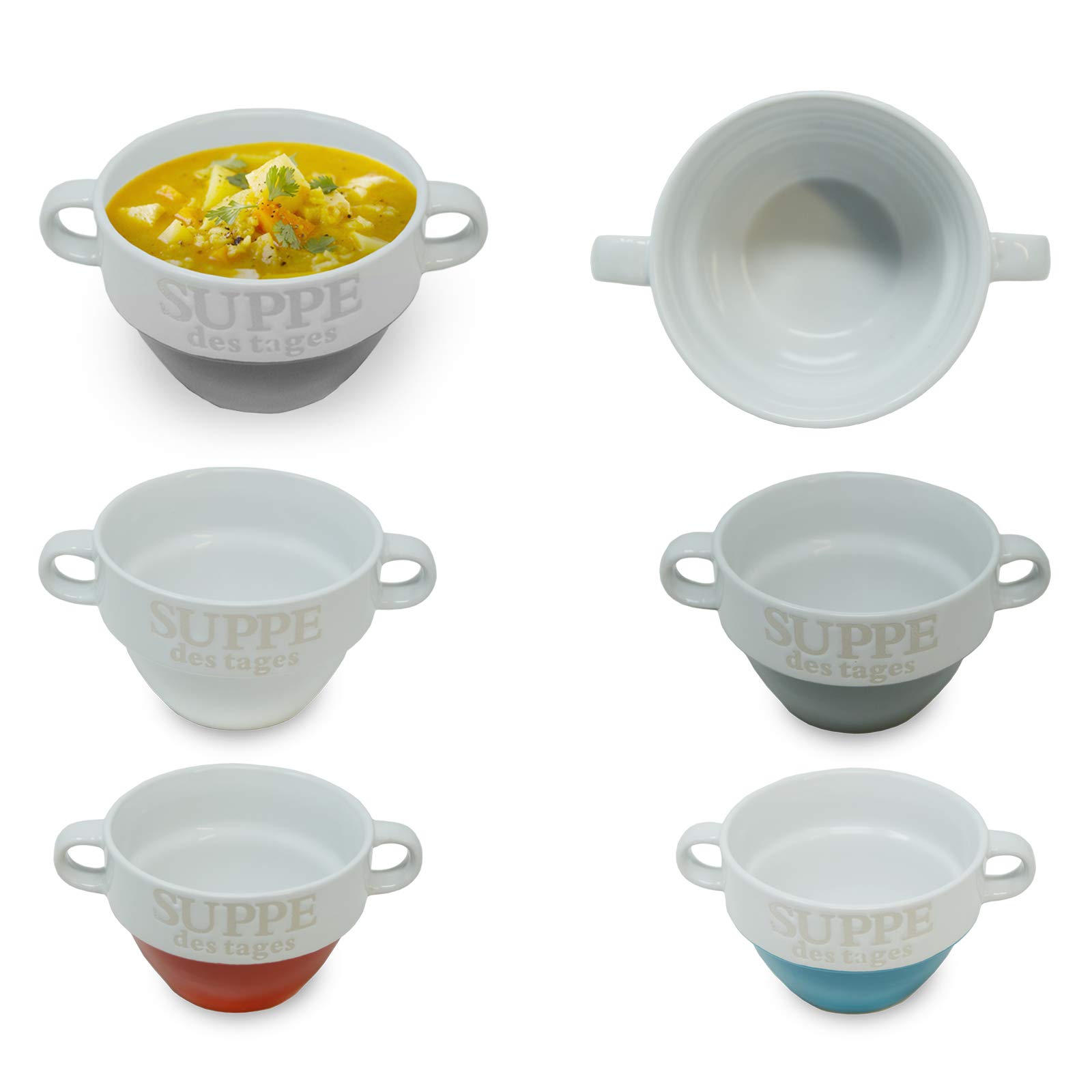 DRULINE Suppentasse aus Keramik Suppenschüssel Suppenterrine (Blau mit Schriftzug) 8 cm Ø 13 cm