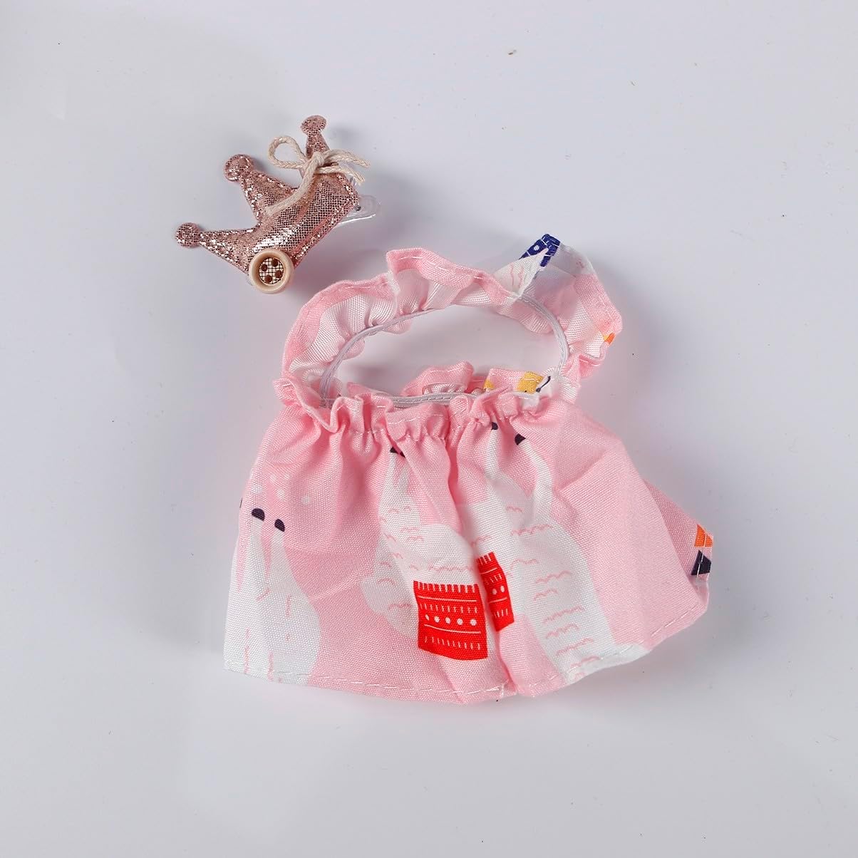 Compatible with Labubu 15cm/17cm (NO Doll) - Pink Swan Pattern Dress & Glitter Crown Hair Clip Set, Doll Clothing Accessories