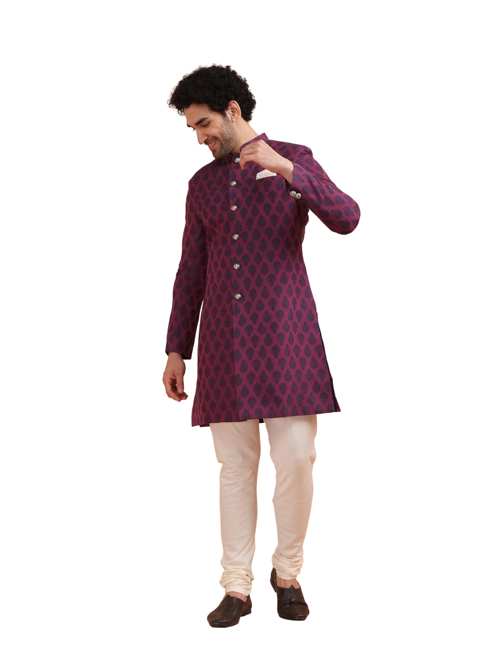 Men Magenta Jacquard Indowestern Sherwani Churidar Set, 42-image-45