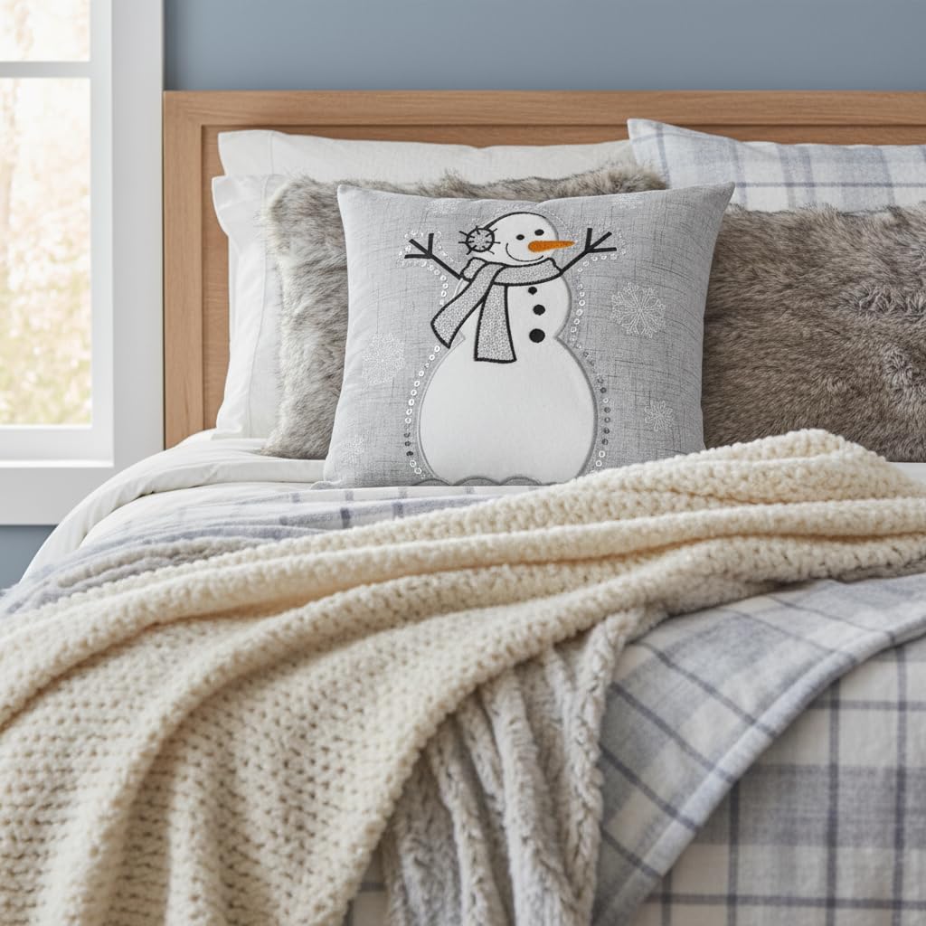 Comfy Hour 35 cm x 35 cm zimowy Boże Narodzenie bałwan w szaliku i słuchawkach płatek śniegu akcent poduszka sezonowa poduszka
