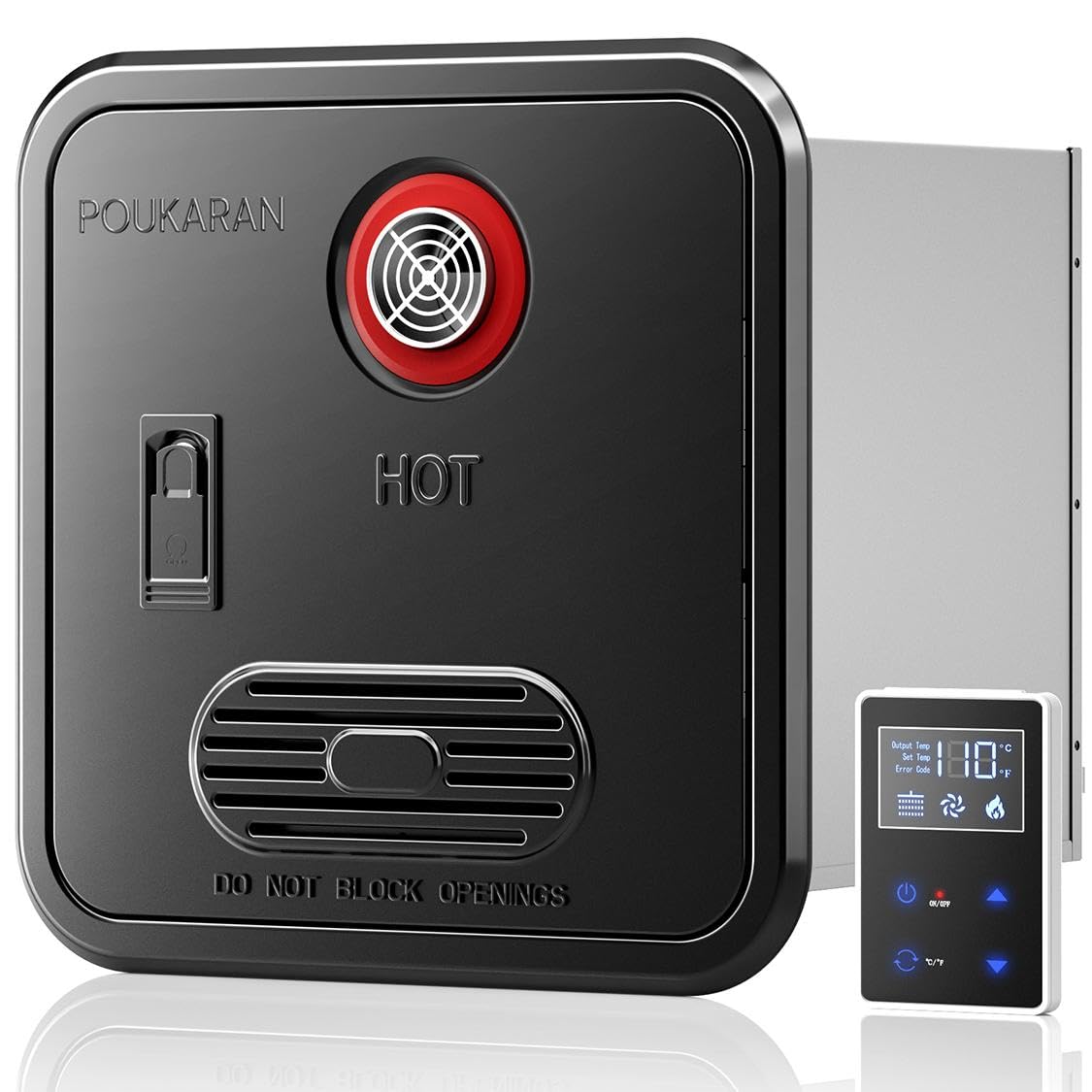 65,000 BTU RV Tankless Water Heater, 12V DC, 15x15 inch Black Door