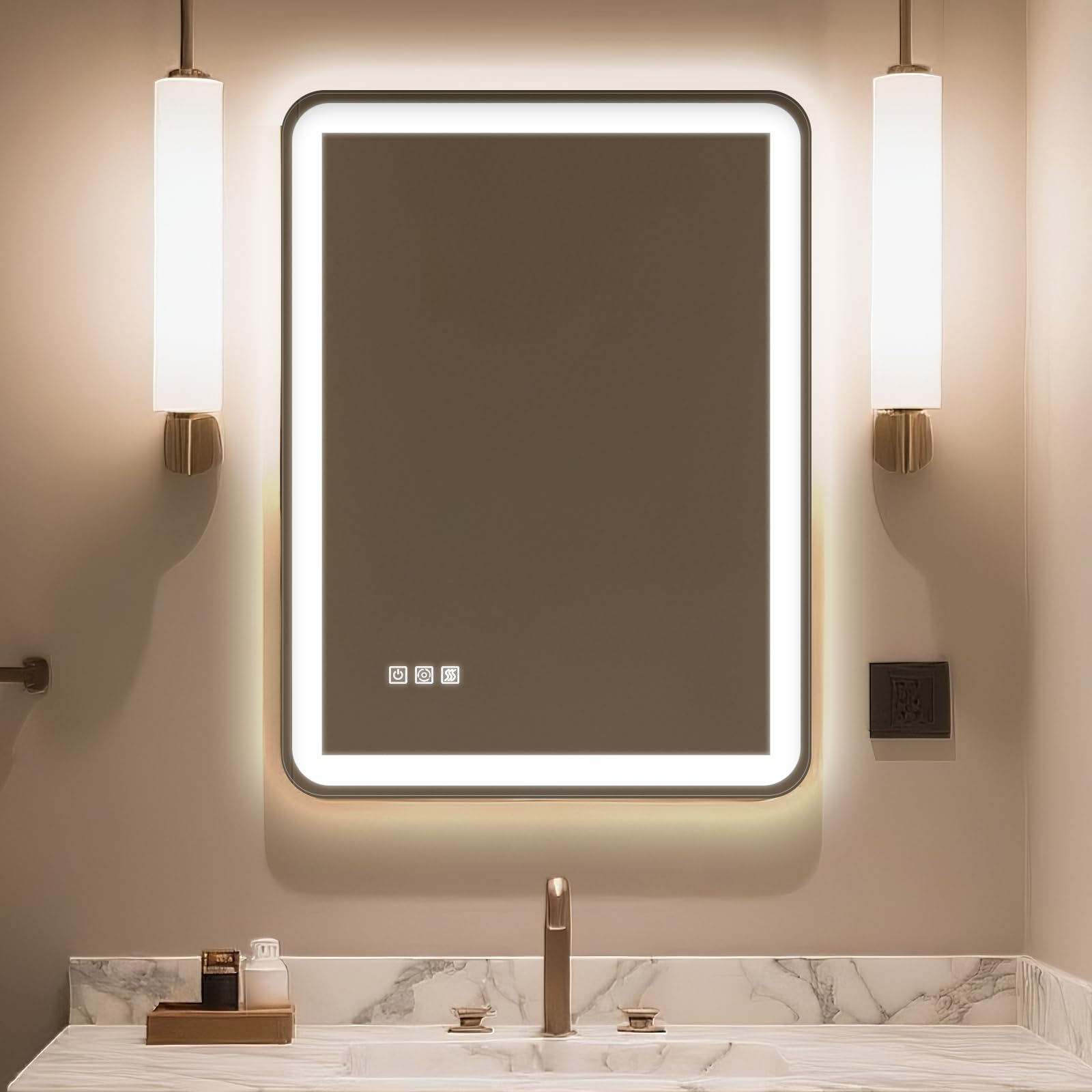24"x32" led bathroom mirror with lights, mirror for bathroom wall with frontlit and backlit,ip54 enhanced anti-fog,bathroom vanity mirror 3 colors dimmable cri>90 double lights,tempered glass(r-angle)