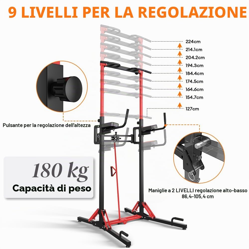 ONETWOFIT Barra per trazioni autoportante pieghevole,Power Tower Dip Station,regolabile in altezza 127-224cm,multifunzionale Attrezzi da palestra assistenza macchina