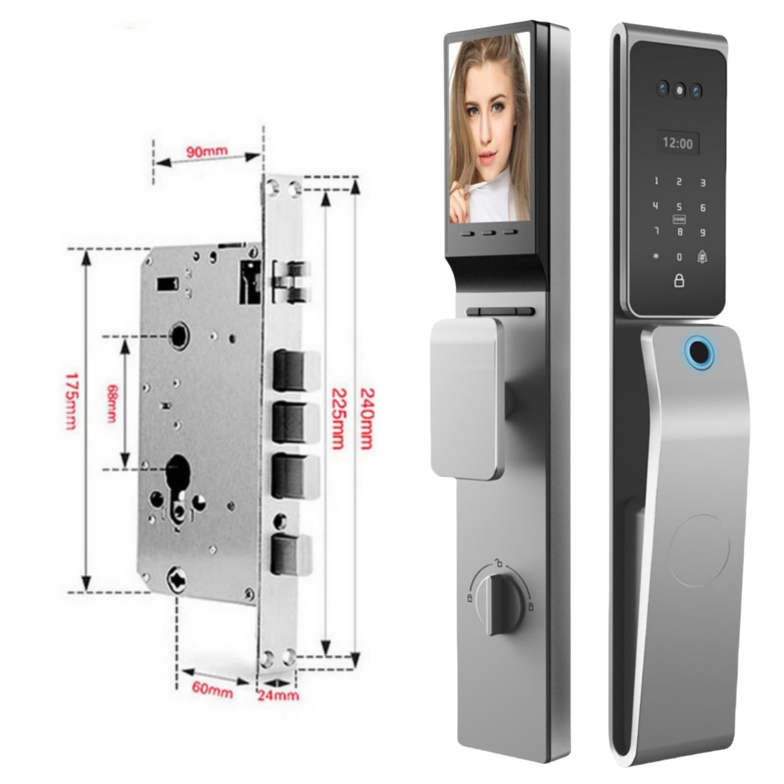 Cerradura inteligente con reconocimiento facial 3D: entrada sin llave, videoportero, huella dactilar, tarjeta IC, control por aplicación y desbloqueo remoto.,Gray 24 * 240mm