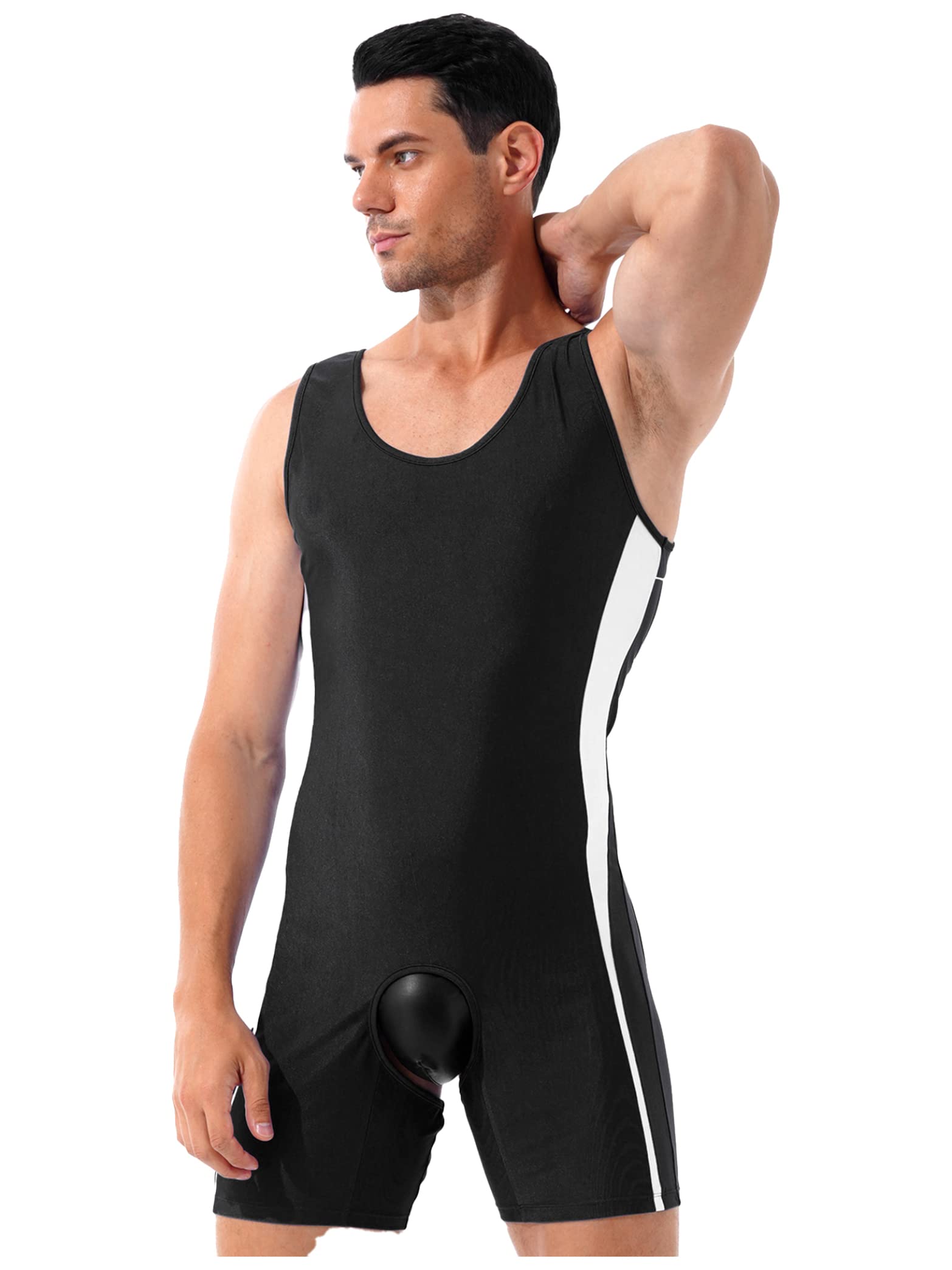 Daenrui Men's Wrestling Singlet One-Piece Bodysuit Jumpsuit Sleeveless Mankini Romper Swimwear Black X-Large