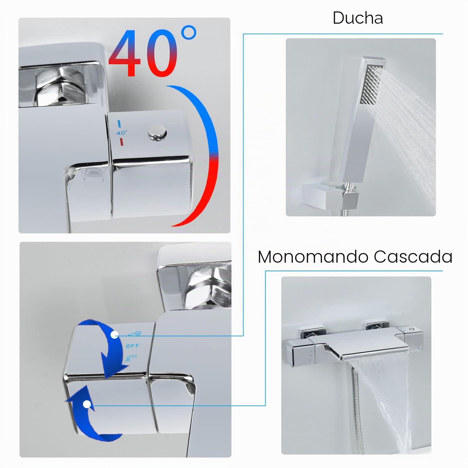 SHANFO Grifo de Bañera Cascada Con Termostatico de Ducha Montado en la Pared Grifo Grifo de Baño Mezclador Cromo 4Y1OK