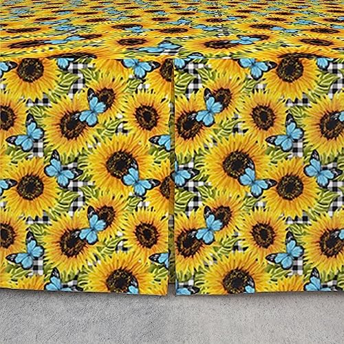 Girls Sunflower Bed Skirt Full Bed,Split Corners Blue Butterfly Bed Skirts Girly Yellow Floral Bedskirt Sunny Flowers Plant Bed Runner Valance Botanical Bedding Decor #TOP3
