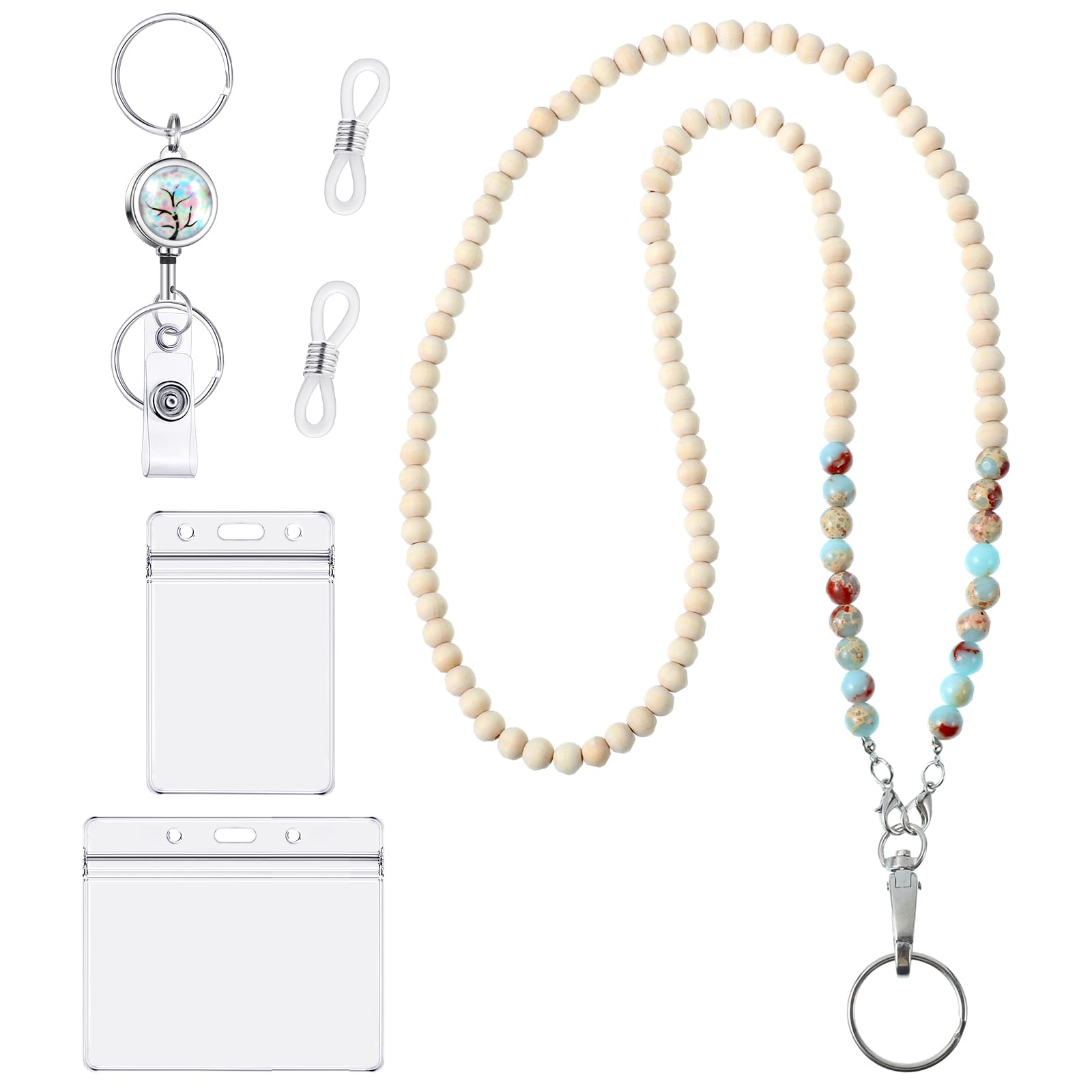 Teacher Lanyard with ID Holder Cute Wooden Beaded Lanyards for ID Badge Holders Retractable Badge Reel Keys Eyeglass Chains for Women