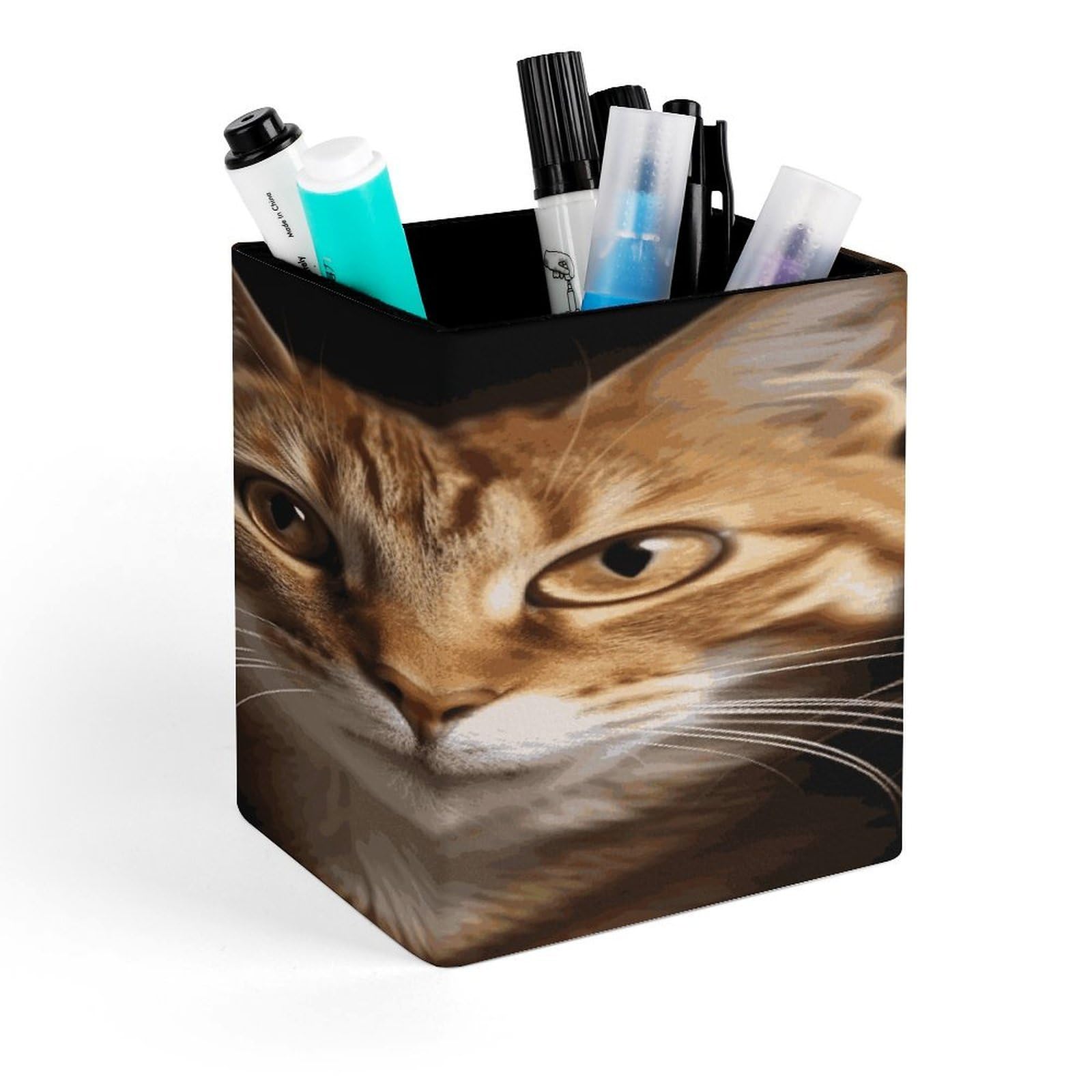 JTREHY Cats Pen Holder Square Pen Pencil Holder Makeup Brush Holders Cup PU Leather Pencil Cups Desktop Caddy Stationery Organizer Case Office Accessories Container Box