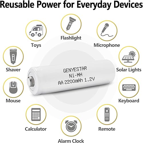 Miniatura 2 de GENYESTAR Batería AA recargable NIMH 1.2V Doble A 2200mAh baterías solares precargadas baja autodescarga para reemplazo de luz solar, paquete de 4,