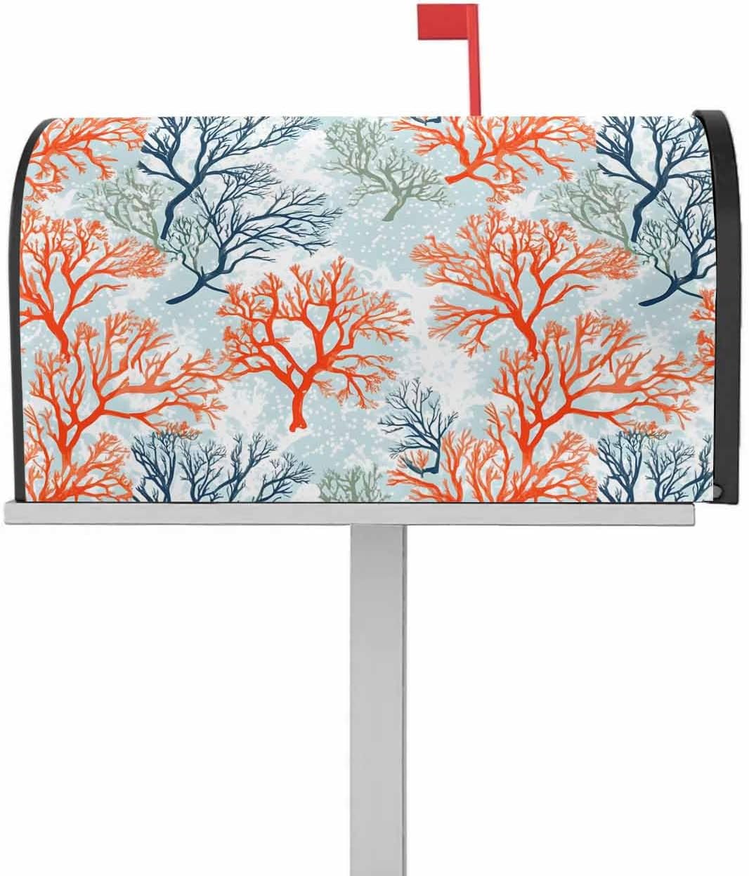 Orange-red Coral Mailbox Covers Magnetic Standard Size,Blue Ocean Coastal Nature Branch Dots Decorative Post Letter Numbers Box Wrap Decoration Covers Small Accessories for Garden Yard Outdoor Décor