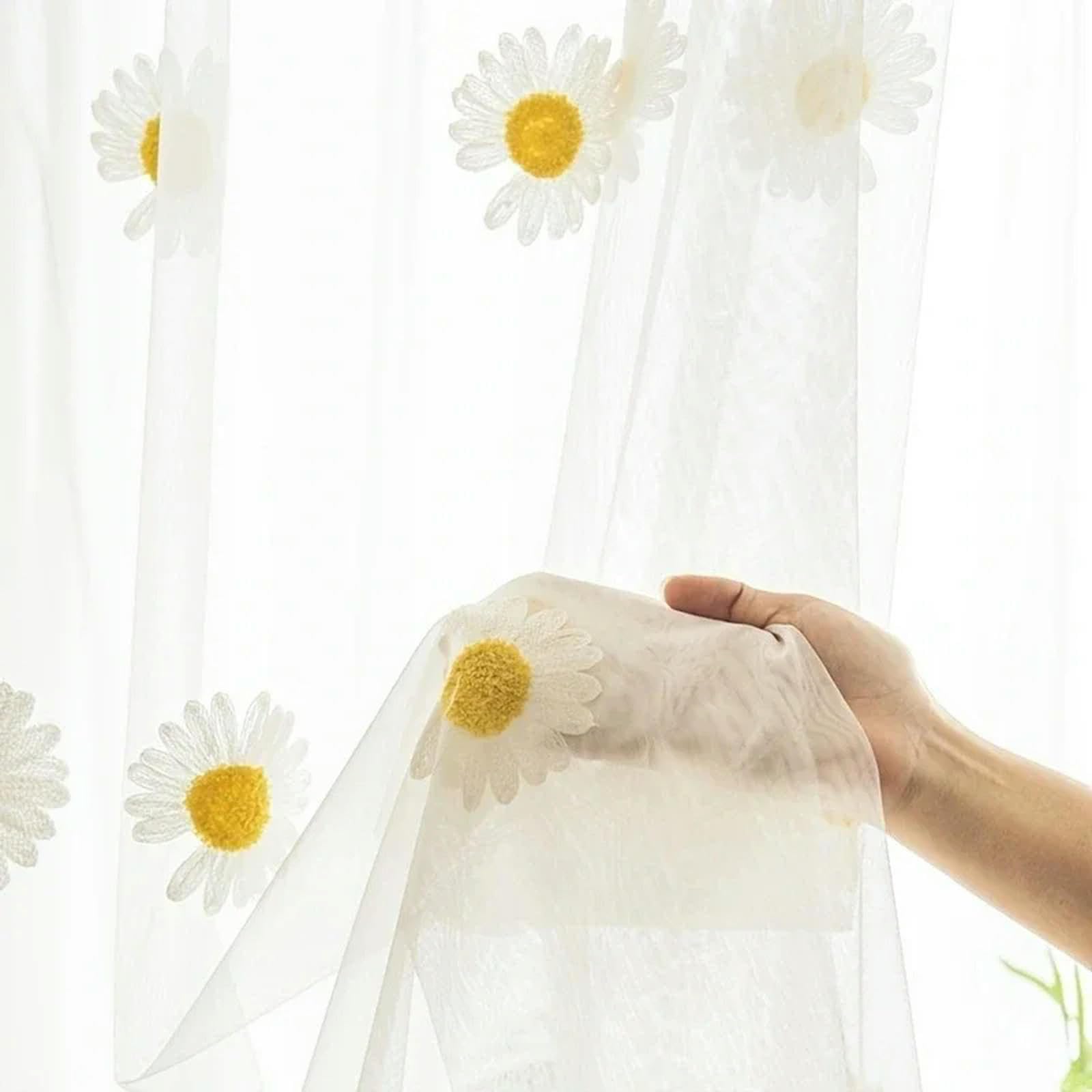 MANQILE Yellow Daisy Tulle Curtains Embroidery Flowers Plant Sheer Curtain for Kitchen Study Door Drapes Decor