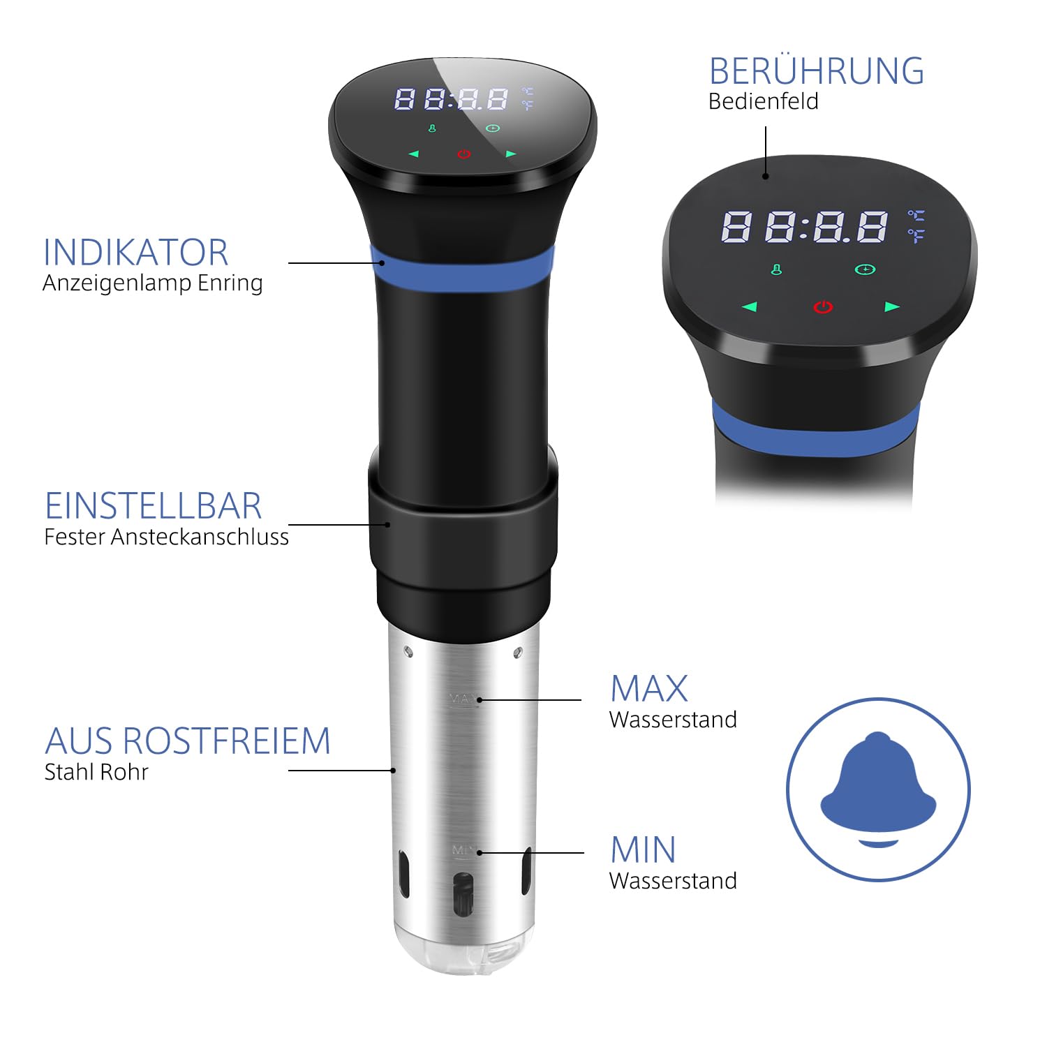 Sous Vide Garer Sous Vide Stick aus Edelstahl, Slow Cooker mit LED Touch-Display, 1000W Sous-vide Garer mit präziser Temperatureinstellung und Timer, inkl. Rezeptbuch, Grau(MEHRWEG)