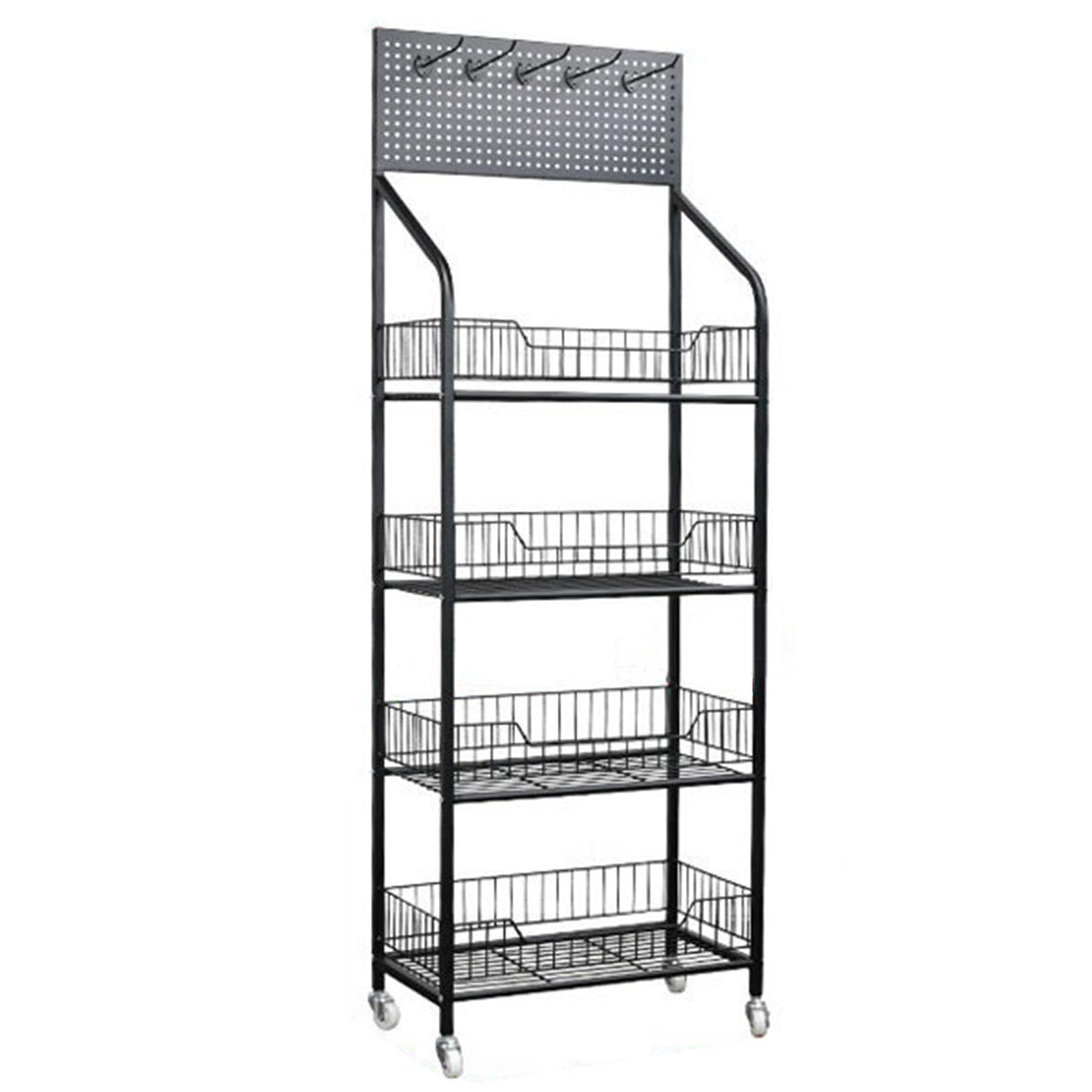 HTTGDGDH Supermarket Retail Display Rack, Snack Organizer Concession Stand With Wheels & Hooks, Metal Wire Storage Shelves Potato Chips Fruits Organizer, Kitchen Trolley,White,Black