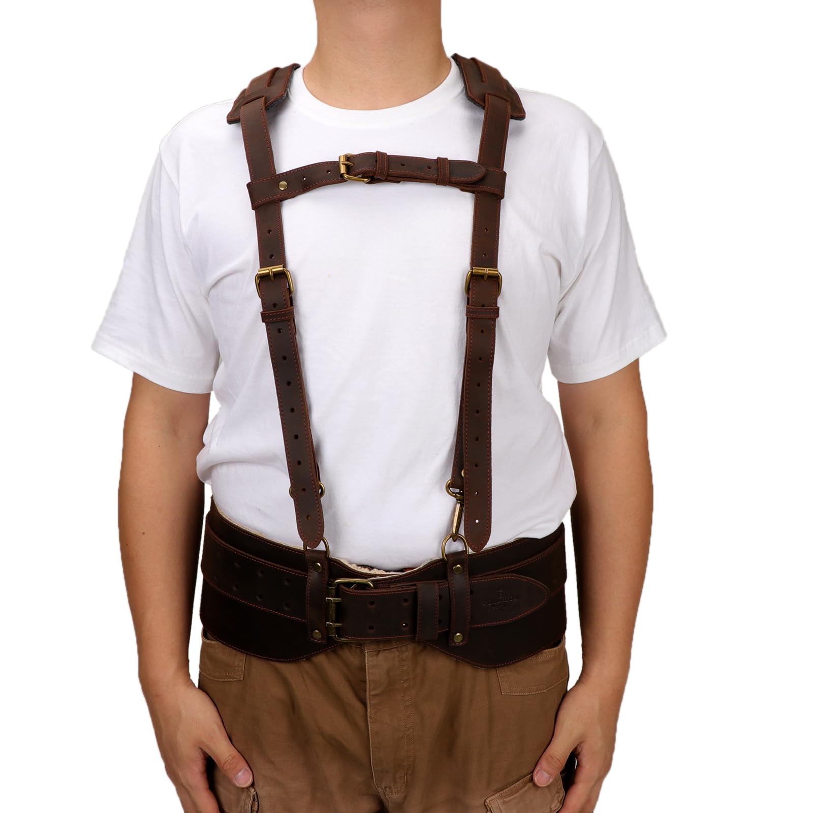 Tourbon Ceinture à outils en cuir véritable avec bretelles robustes pour électricien, charpentier