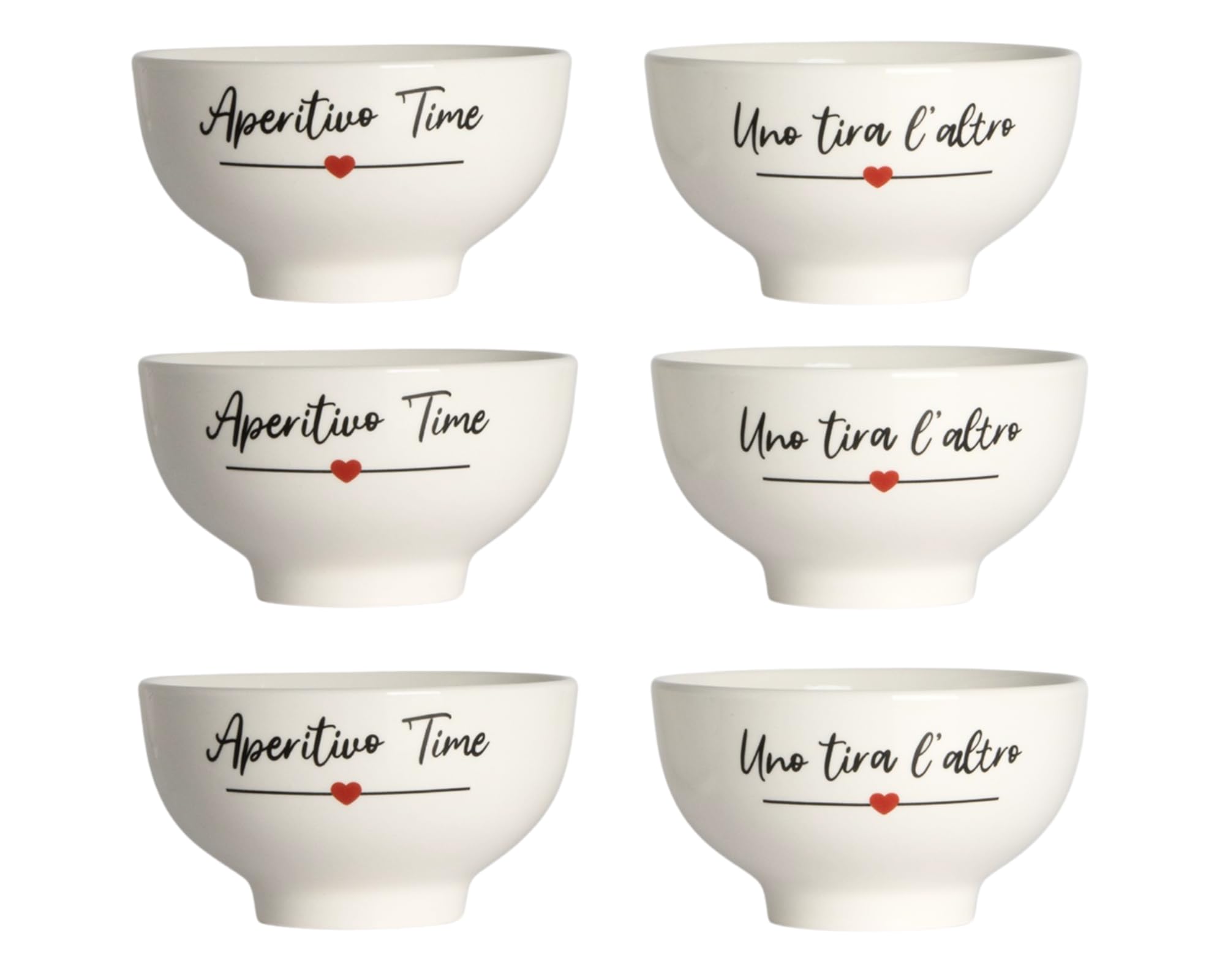 Tata Home Set 6 Ciotole per Aperitivo in Porcellana Bianca con Scritte Shabby Chic Ciotoline per Salsa Snack Patatine Accessori Aperitivo Misura Small 11,5x6 cm Mod. HappyLove