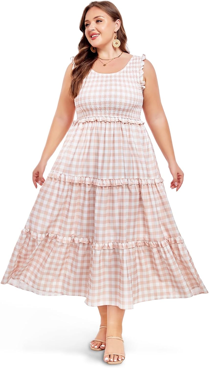Women's Plus Size Summer Casual Maxi Dress Ruffle Sleeveless Plaid Smocked Tiered Long Dresses with Pockets - Image 4