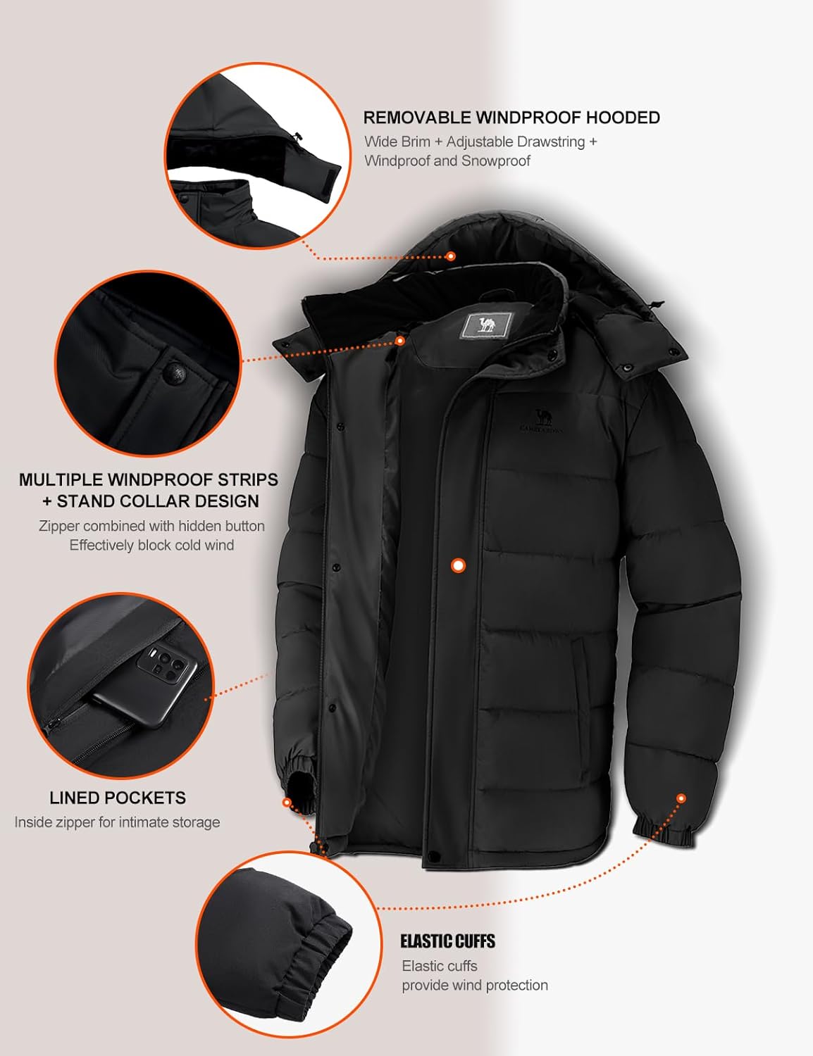 CAMELSPORTS Mens Winter Coats Warm Jacket with Detachable Hood Water-Repellent Windproof Parkas Casual Jackets - Image 5