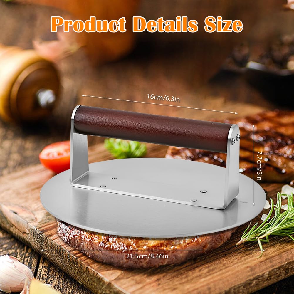 Pressa per hamburger, in acciaio inox con manico in legno, per hamburger, facile da pulire, per griglia piatta, carne, patty, bistecca, bacon, salsiccia, accessori professionali per barbecue (grande)
