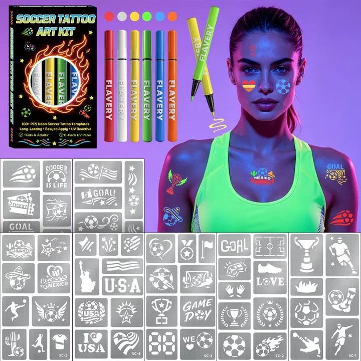 Temporary Tattoo Acrylic Marker for Adults and Kids, 6 Glow Under Neon UV Body Markers with 12 Sheets 95+ Football Tattoo Stencils Designs, Cosmetic Tattoos Pens for Face Makeup