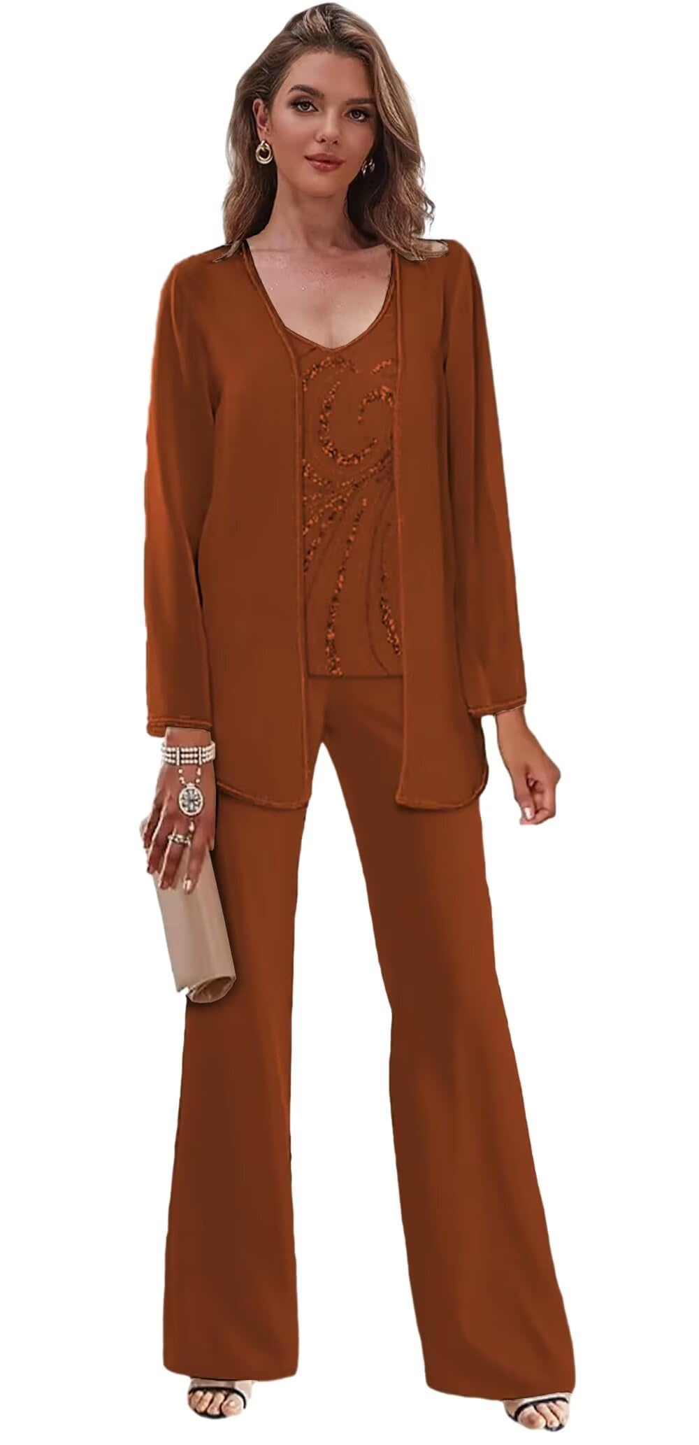 3 Pieces Beaded Mother of The Pant Suits for Wedding with Jacket Chiffon Pantsuits for Women Dressy