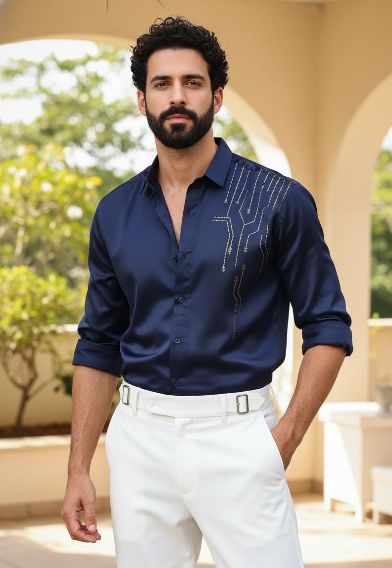 IndoPrimo Men’s Stylish Satin Shirt for Party, Formal, Daily and Casual Wear Full Sleeve Shirt for Men