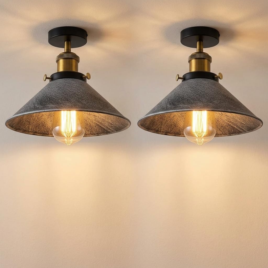 LEDSone 2 Pcs Semi Flush Ceiling Light E27 Metal 22cm Brushed Silver Cone Shade โ image 1