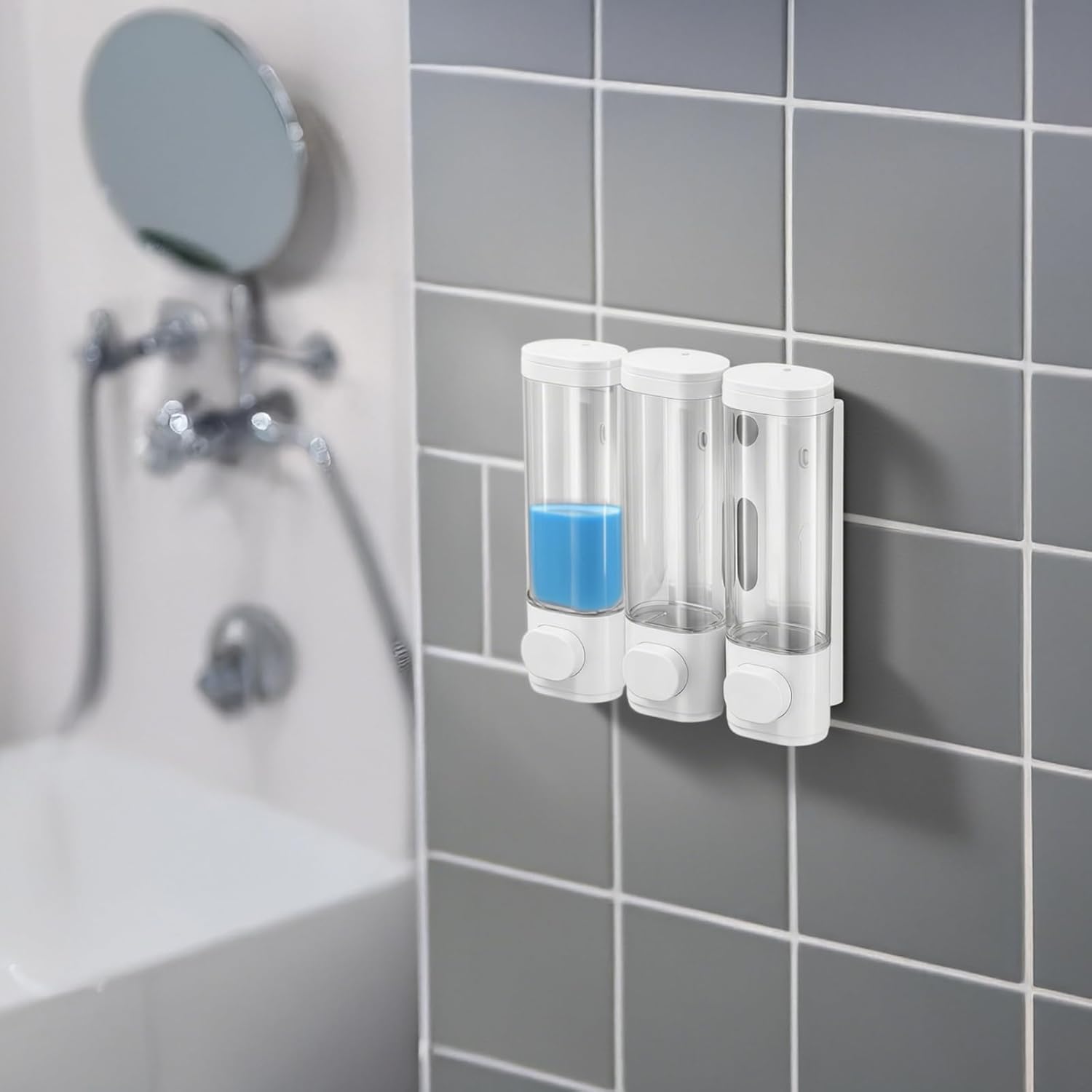 Wall Mounted Shower Dispenser with 3 Chambers, No Drill Needed, White Abs and Transparent Tanks, Ideal Space-Saving Bathroom Organizer