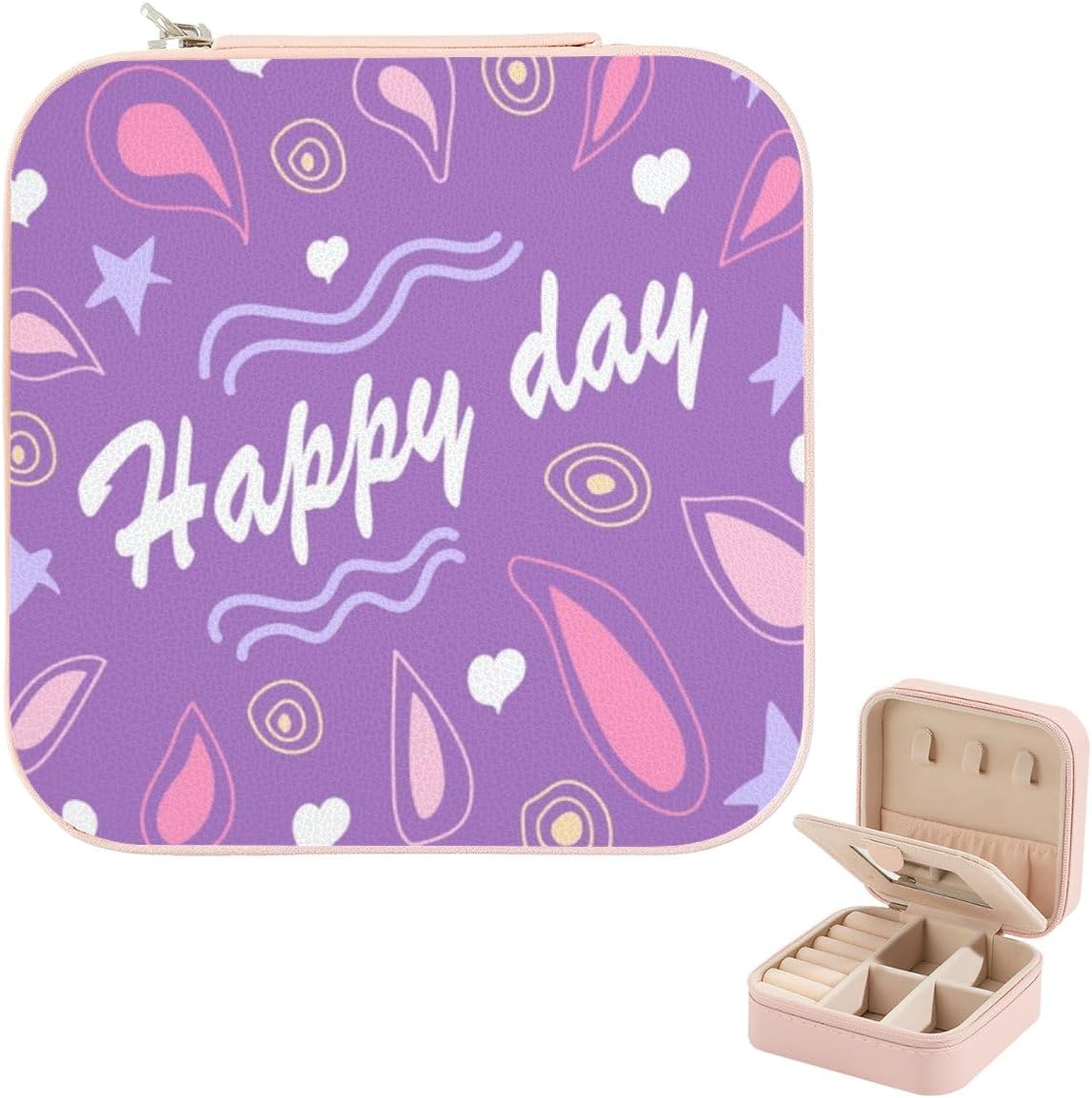 Travel Jewellery Box White Heart And Star, Pu Leather Small Jewellery Box with Mirror, Trinket Boxes for Trinket Cufflink, Women Travel Accessories, Gifts For, Teenage Gifts