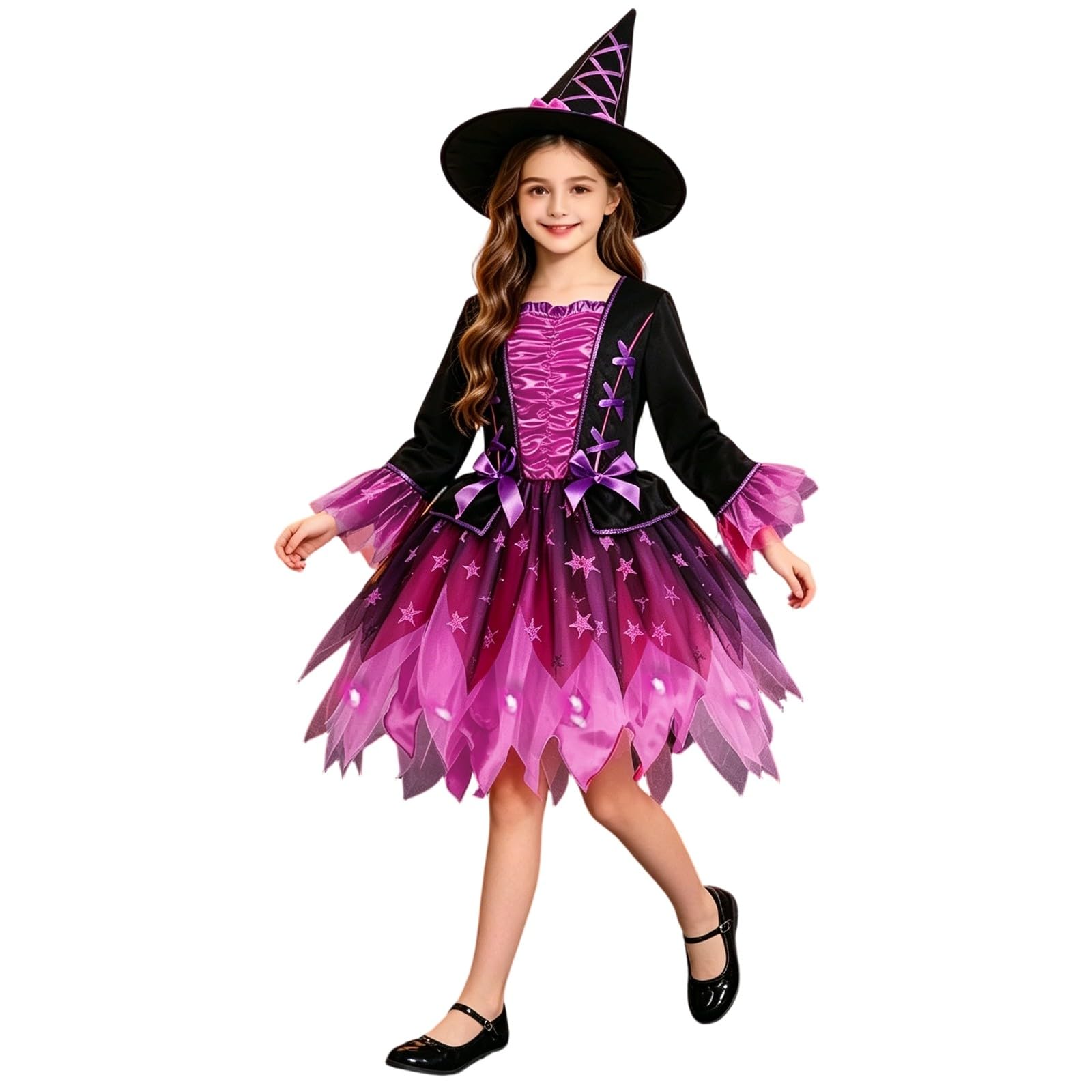 Halloween Cosplay Costume Kids Girls Witch Dresses with Hat, and Magic Wand 3 Piece Set, Witch Dress Up Outfit for Girls, Kids Fancy Dress for Carnival Party Halloween Cosplay