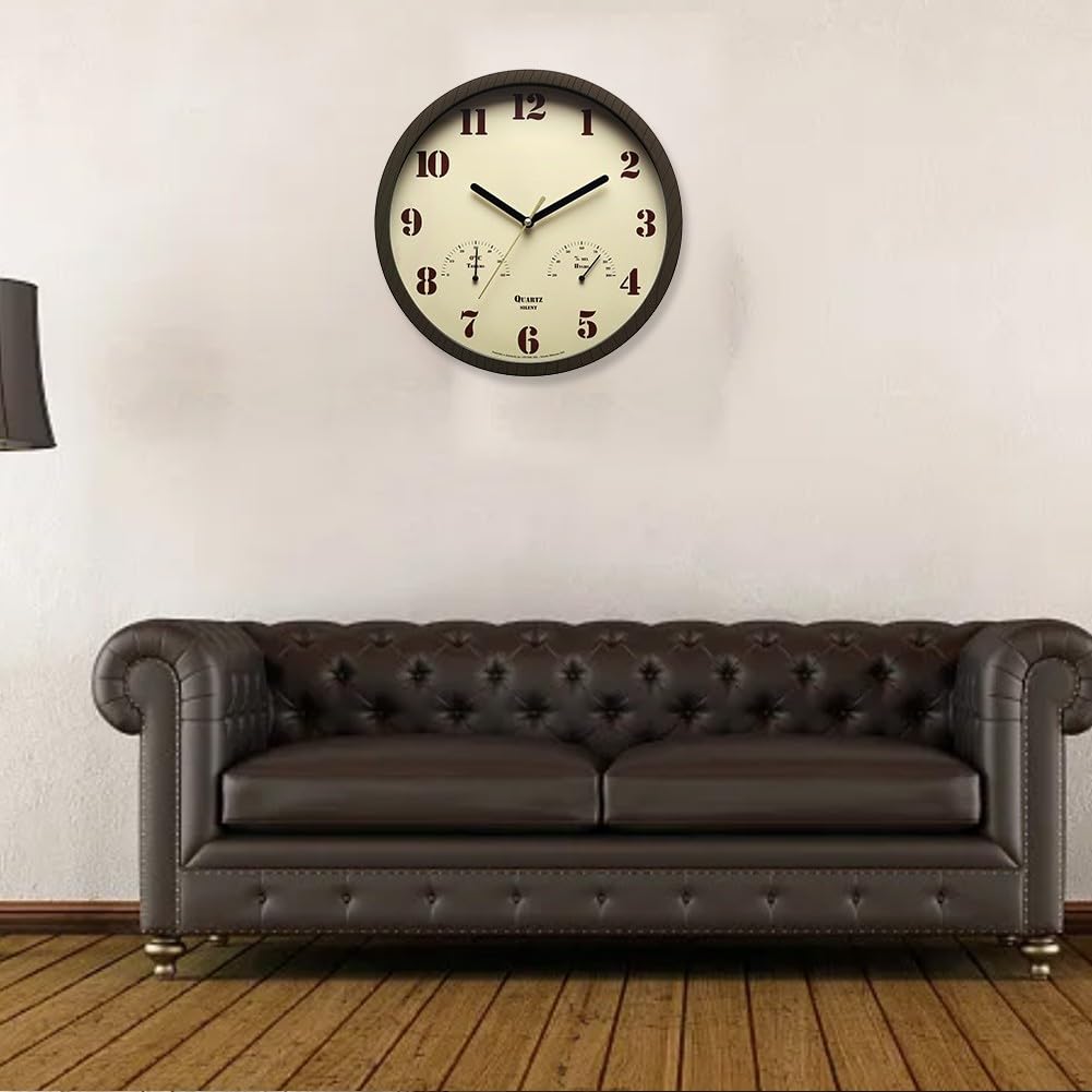 Orologio da esterno resistente alle intemperie con termometro e igrometro integrato, silenzioso, orologio da parete per patio, piscina, giardino, design impermeabile, telaio marrone scuro