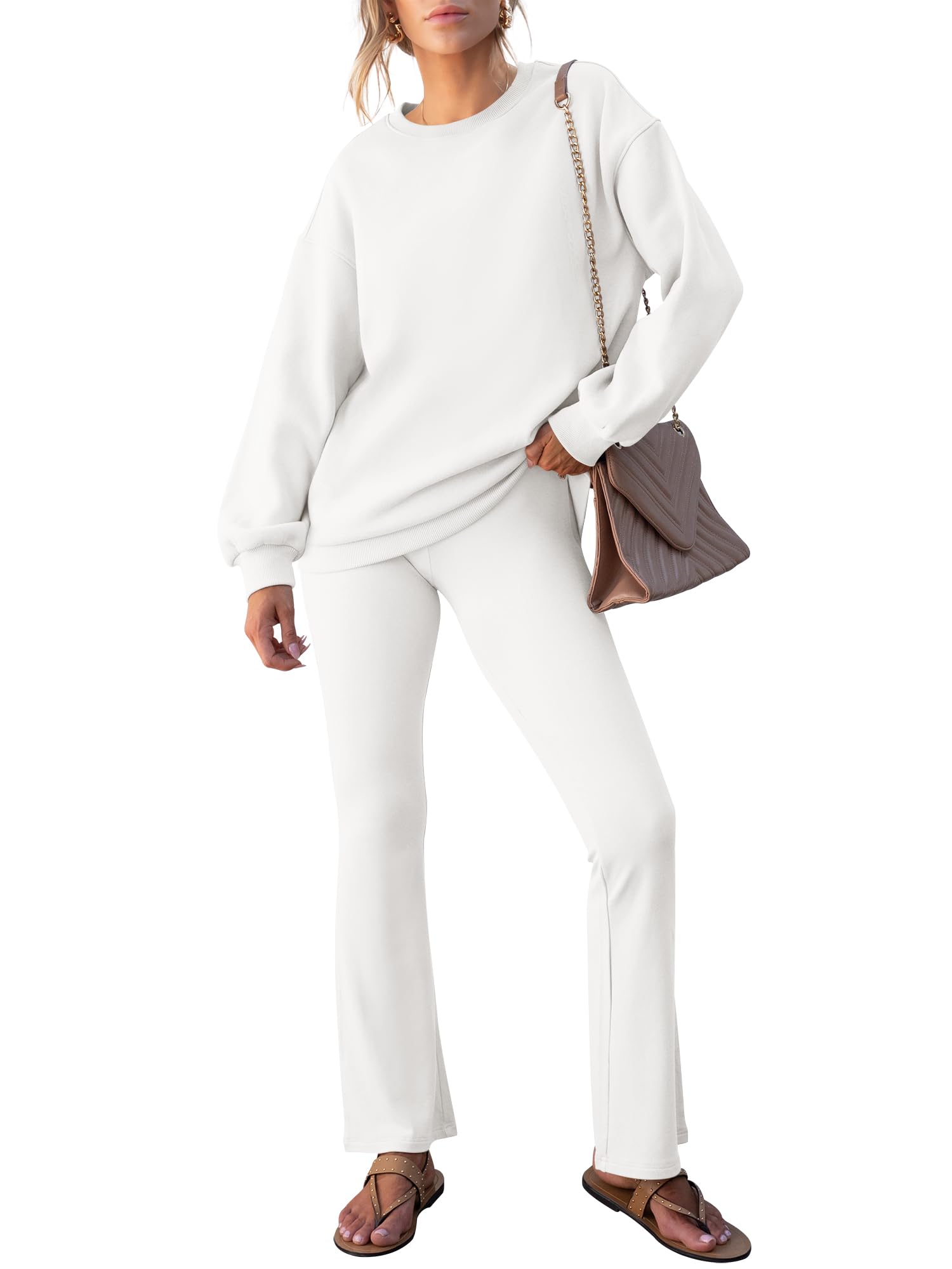 ANRABESS Women 2 Piece Sweatsuits Lounge Set Oversized Fleece Crewneck Sweatshirts Flare Pants 2025 Fall Outfits Clothes