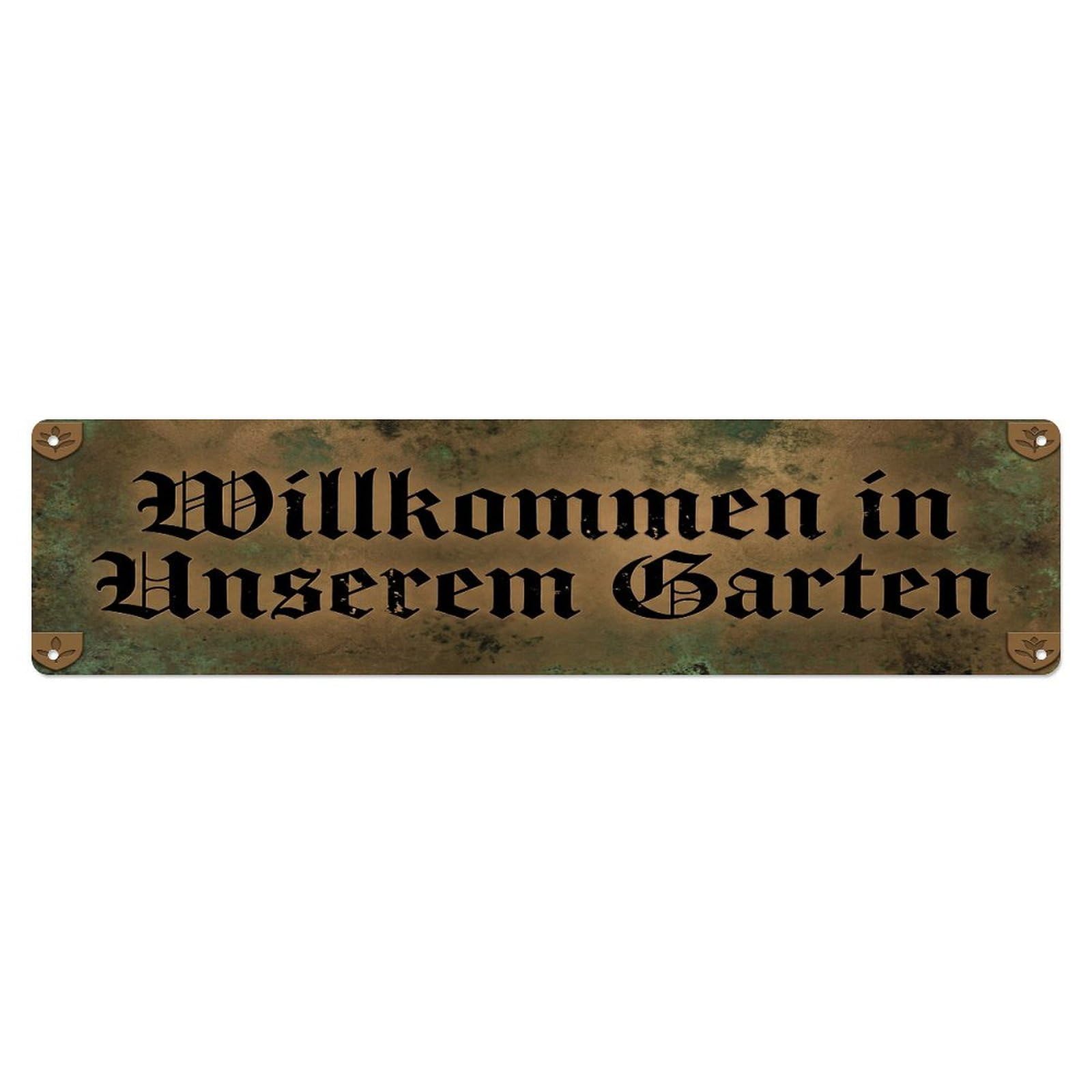 Vintage Welcome to Our Garden Bronze Metal Tin Sign