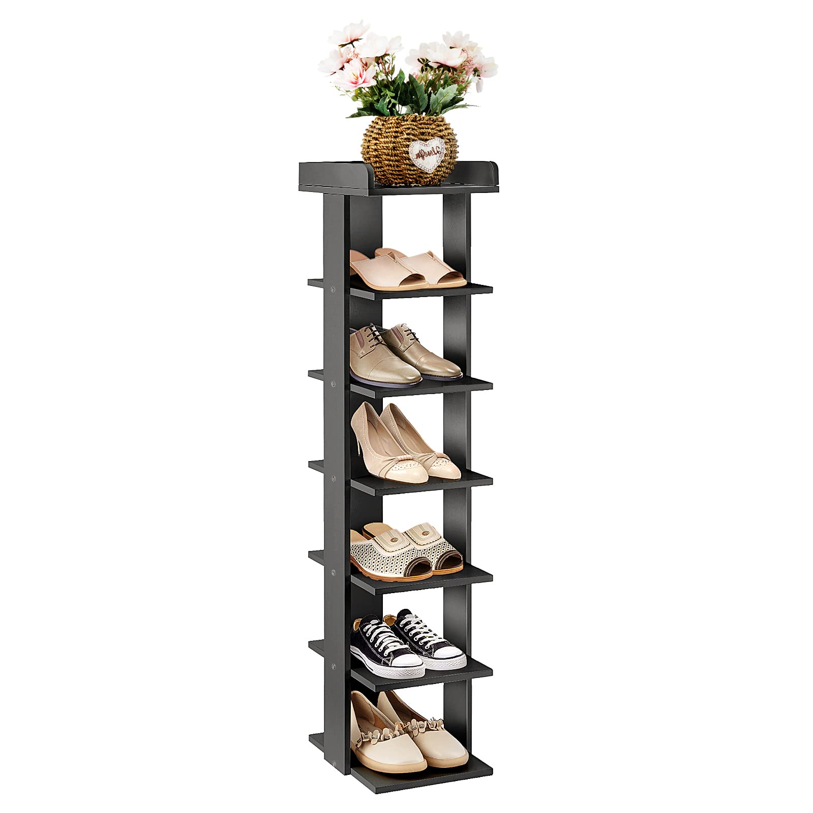 Youyijia 7-Tier Tall Shoe Organizer - Slim Vertical Storage Cabinet With Wooden Shelf for Corner Entrance Hallway - Quick Assembly Free Standing Display in Black