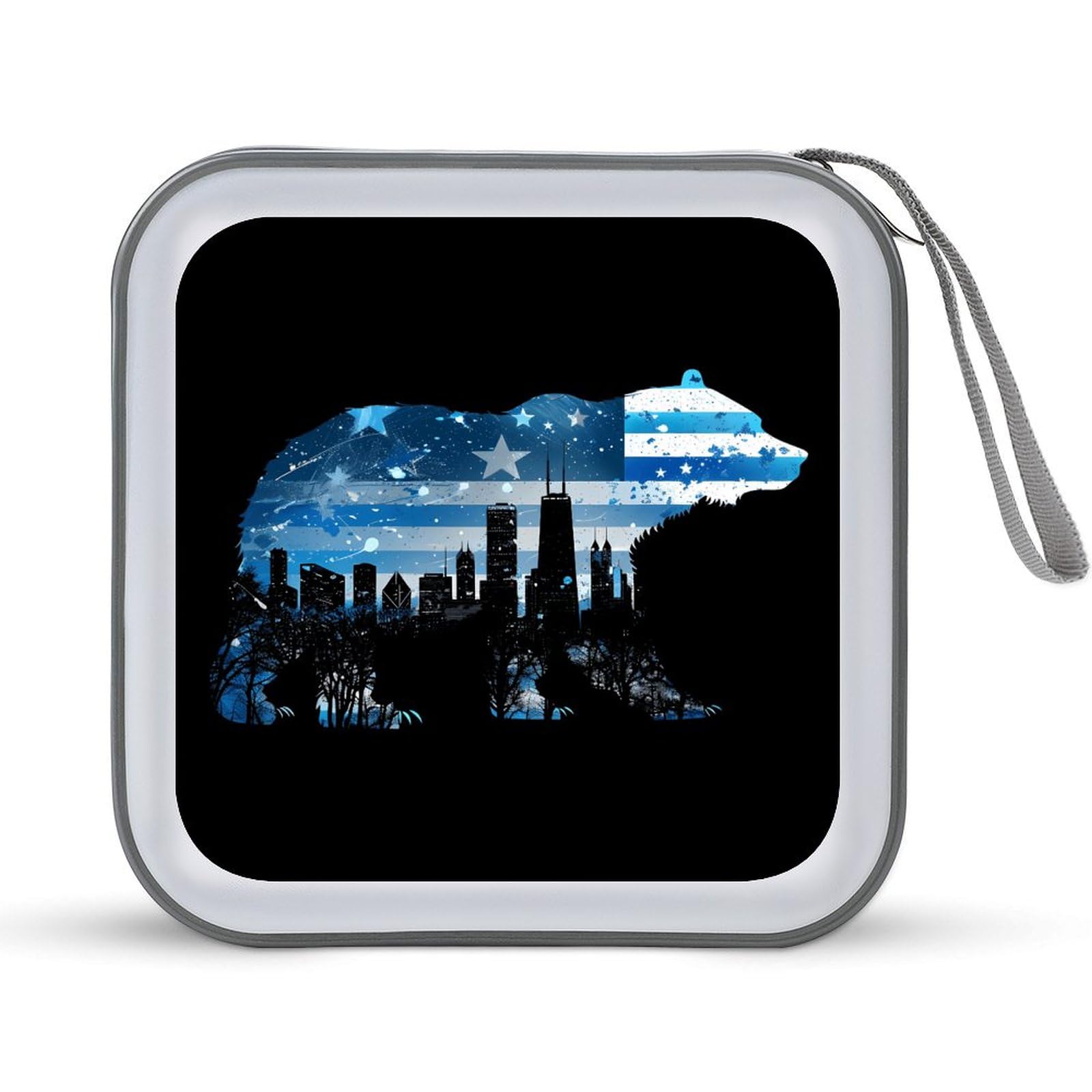 Am-erican Flag City Flag Bear Print CD Case Portable DVD Holder Storage Organizer for Home Travel