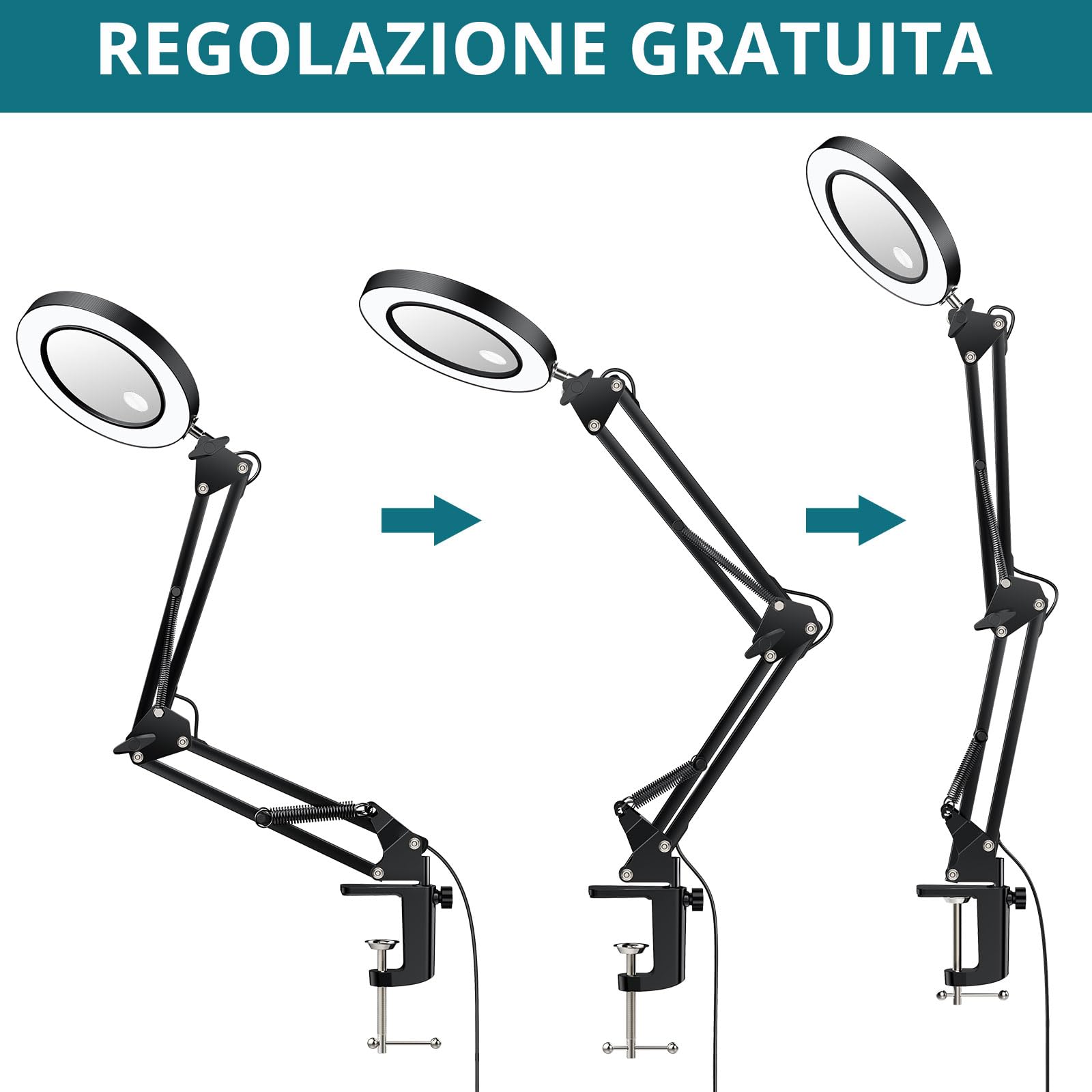 Lampada con Lente d'ingrandimento LED 8X/15X,Lampada Scrivaniacon Lenti a Menisco di Estetista-3 Modalità Luce con 50cm Braccio Girevole per Lettura/Cucito/Nail Art -con Morsetto