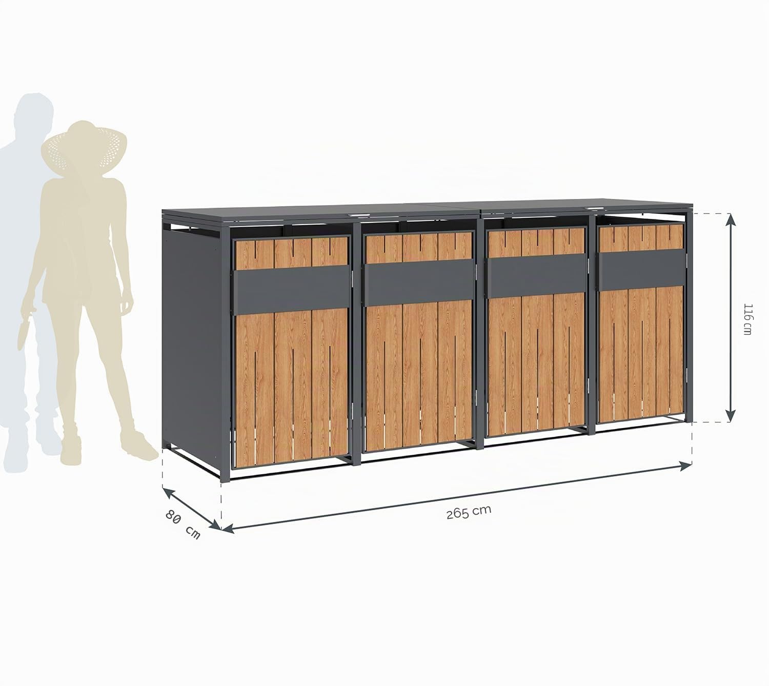 Westmann Metall Mülltonnenbox Varius 4x240 L Anthrazit Holzoptik Mülltonnenverkleidung mit Gasdruckfedern Pulverbeschichteter Stahl Wetterfest & stabil Mülltonnen Unterstand mit Fronttür & Klappdeckel