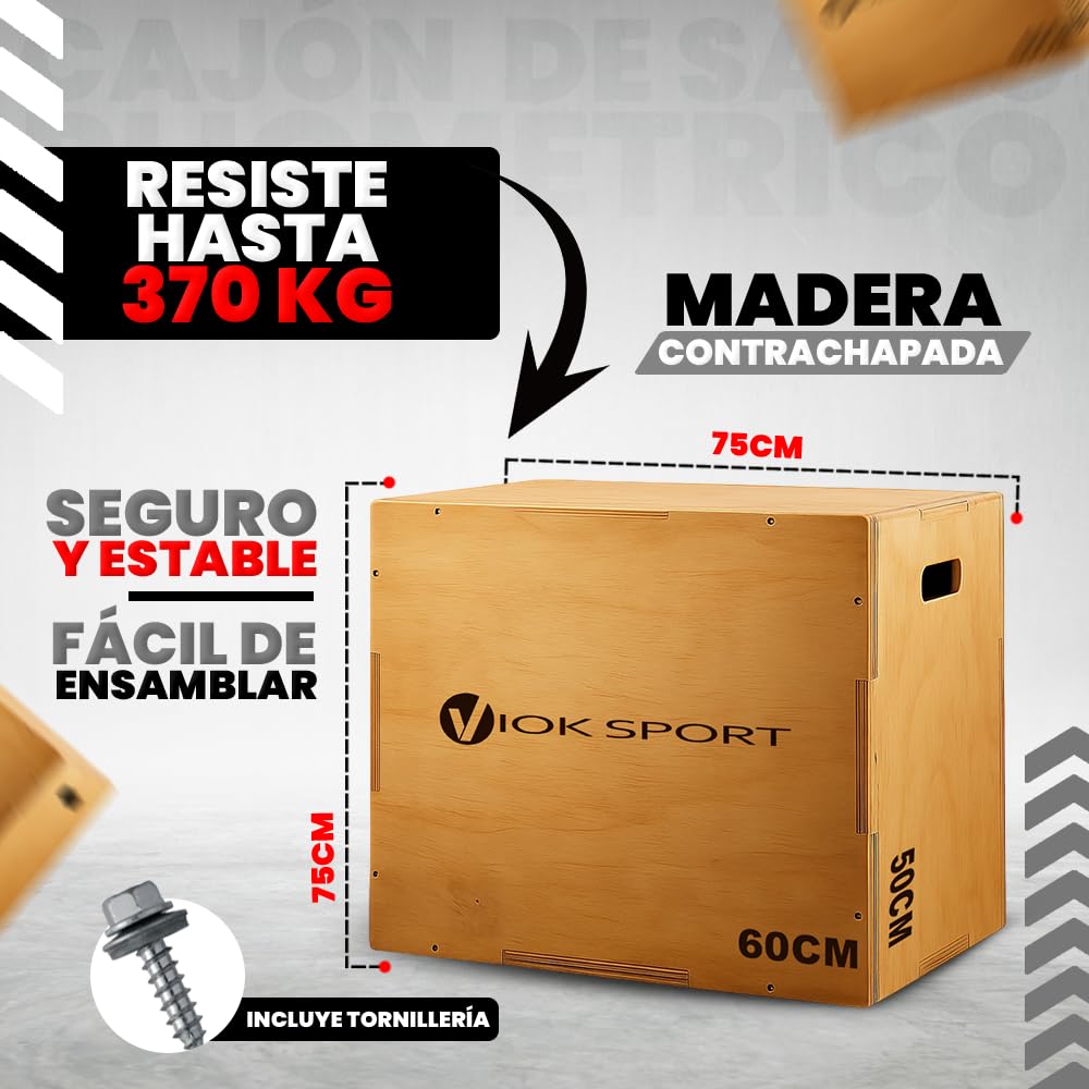 Cajón de Salto Pliométrico de Madera 50x60x75 cm Viok Sport - Equipo de Entrenamiento para Agilidad y Potencia, Ideal para Ejercicios de Fitness en Casa o en el Gimnasio