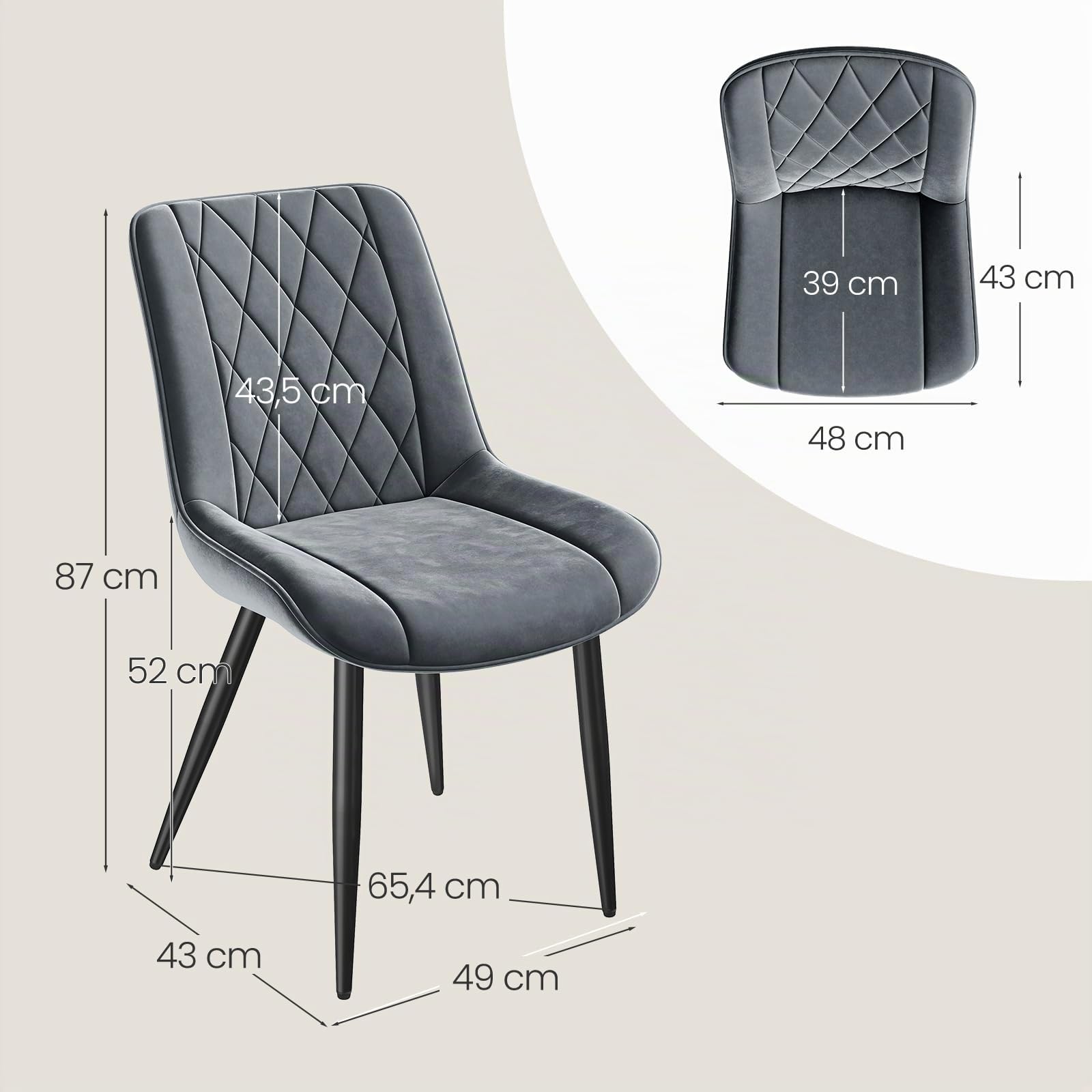 INRE Lot de 4 Chaises Salle à Manger en Velours, Chaise de Cuisine Rembourrée avec Dossier Ergonomique, Pieds en Métal, Patins Réglables, pour Salon Bureau Chambre, Gris Foncé