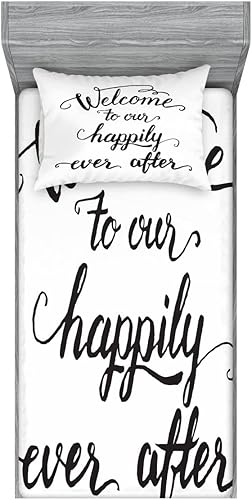 Ambesonne Saying Fitted Sheet & Pillow Sham Set, Vintage Fountain Pen Lettering Wedding Welcome to Our Happily Ever After, Decorative Printed 4