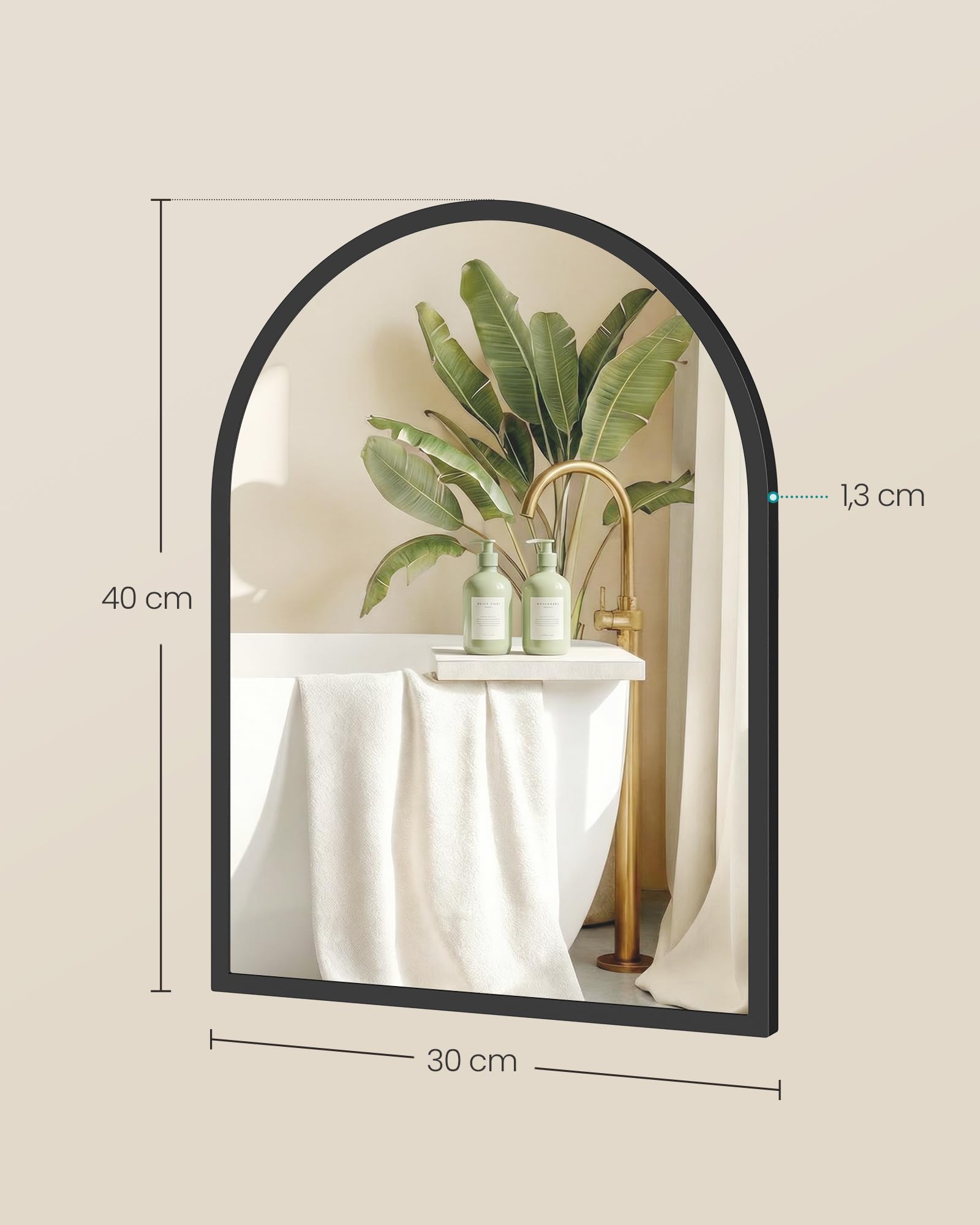 SONGMICS Miroir Salle de Bain, Miroir Mural Arqué, Cadre en Aluminium, 40 x 30 cm, avec Film de Sécurité, Montage Facile, pour Salon, Chambre, Salle de Bain, Noir d'encre LWM013BD01