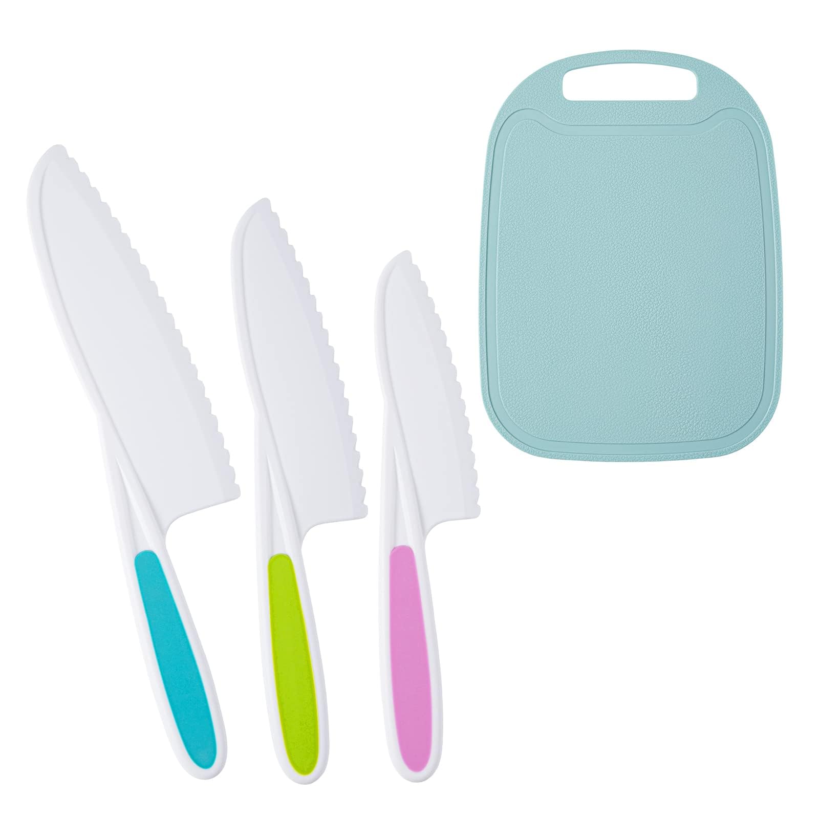 Kids Knife Set Real Cooking, 3 Pieces Kids Knife with Cutting Board, BPA-Free with Serrated Edges for Cutting Fruit, Vegetable, Salad, Bread, Cake, Sandwich