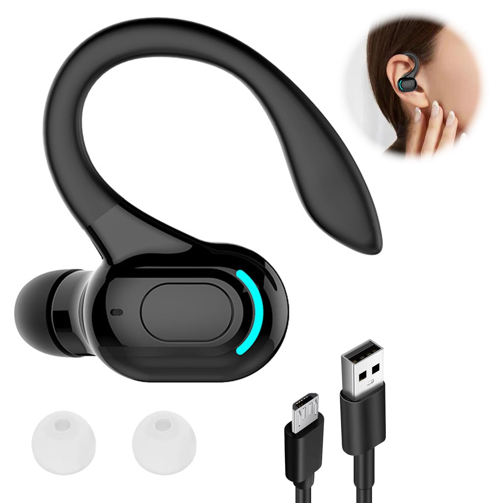 Oreillette Bluetooth sans Fil Mono, Écouteur Mono avec Micro Intégré, Kit Main Libre Professionnel avec Micro à ecouteurs de Bruit pour iPhone Android PC, Bureau, Conduite, Sport, oreillette Tour 360°