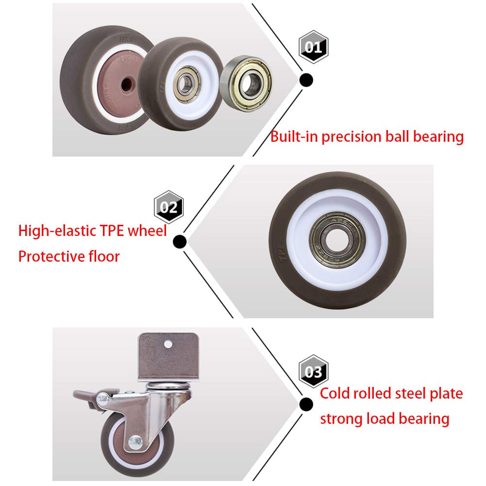 4er-Set – Universal-Drehmöbel mit Rollen und U-Halterung, 5,1 cm, 50 mm, 180 kg, geräuschloses Gummi-Kinderbett mit Bremse, leises Rollen für Babybett, Babybett, 16 mm, 18 mm, 20 mm, 25 mm
