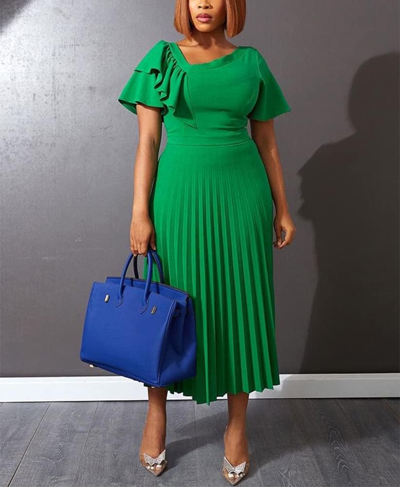 AOMEI Women's Short Sleeve Asymmetrical Ruffles High Waist Pleated Hem Midi Spring Dress - Image 2