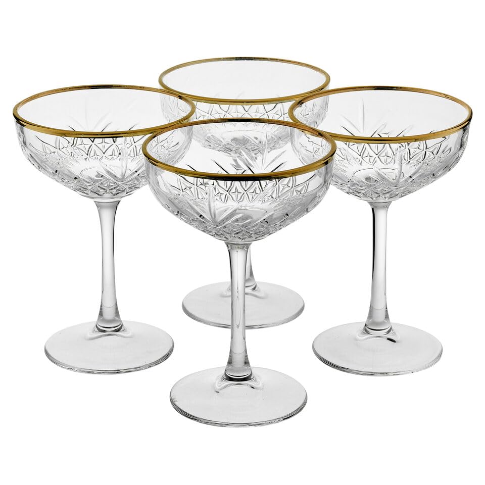 Queensway Home & Dining 255ml Stemmed Champagne Glasses Set with Gold Rim, Elegant Glassware for Sparkling Wine, Cocktails, Perfect for Parties, Weddings and Special Occasions (Set of 4)