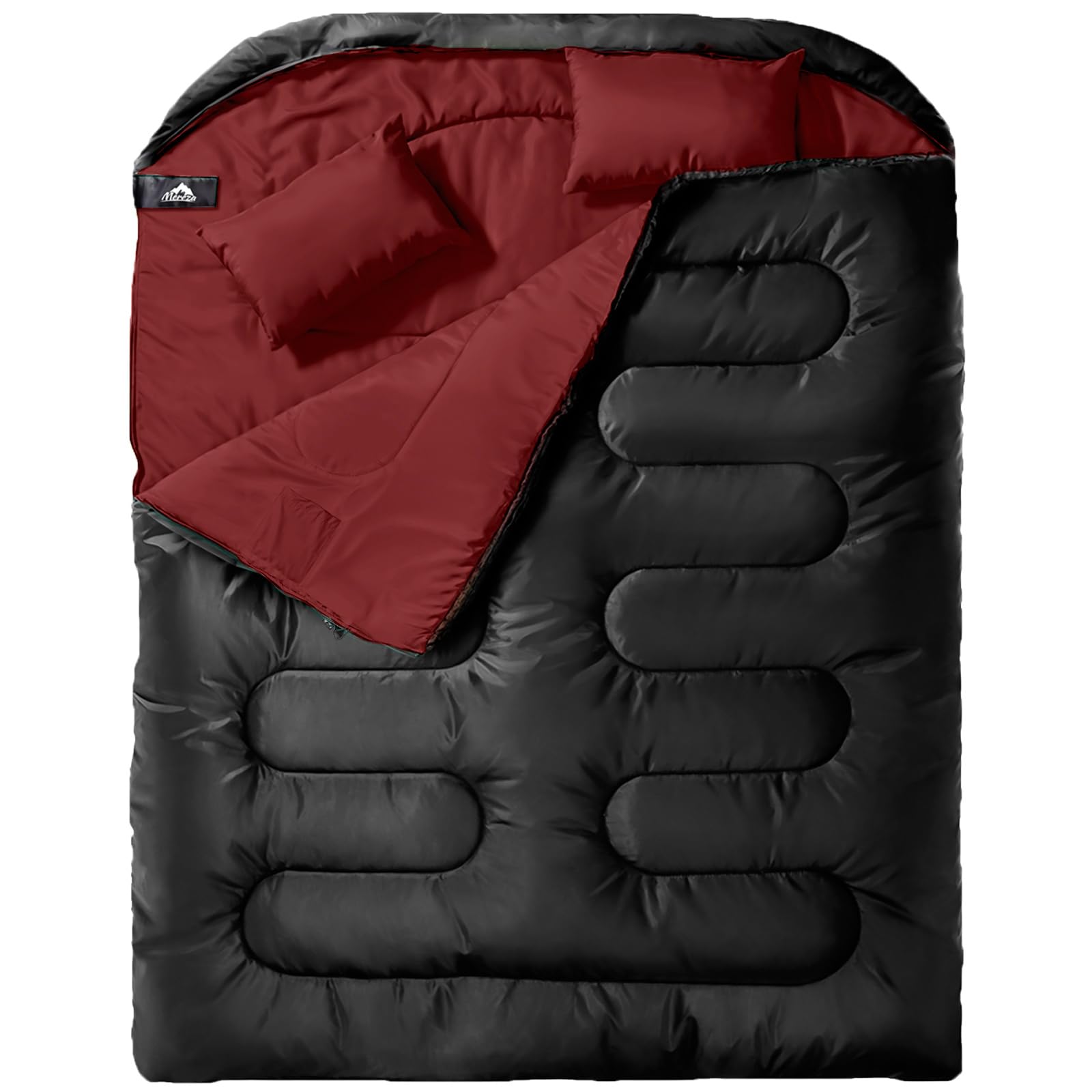 MEREZA Double Sleeping Bag for Adults Mens with Pillow, XL Queen Size Two Person Sleeping Bag for All Season Camping Hiking Backpacking 2 Person Sleeping Bags for Cold Weather & Warm (BLACK & RED)